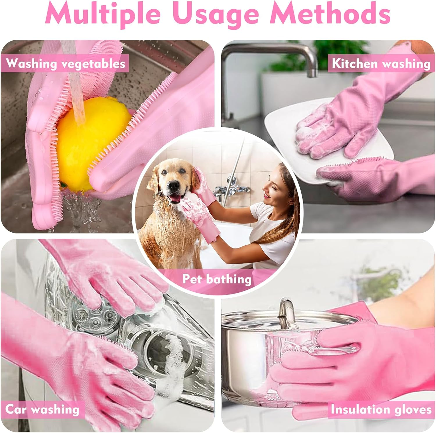 Pet Grooming Gloves for Dogs & Cats - Pink Massage Bathing Gloves, Gentle Hair Remover, Reusable & Waterproof Dog Cat Grooming Mitt for Washing, Shedding, Cleaning image number 3