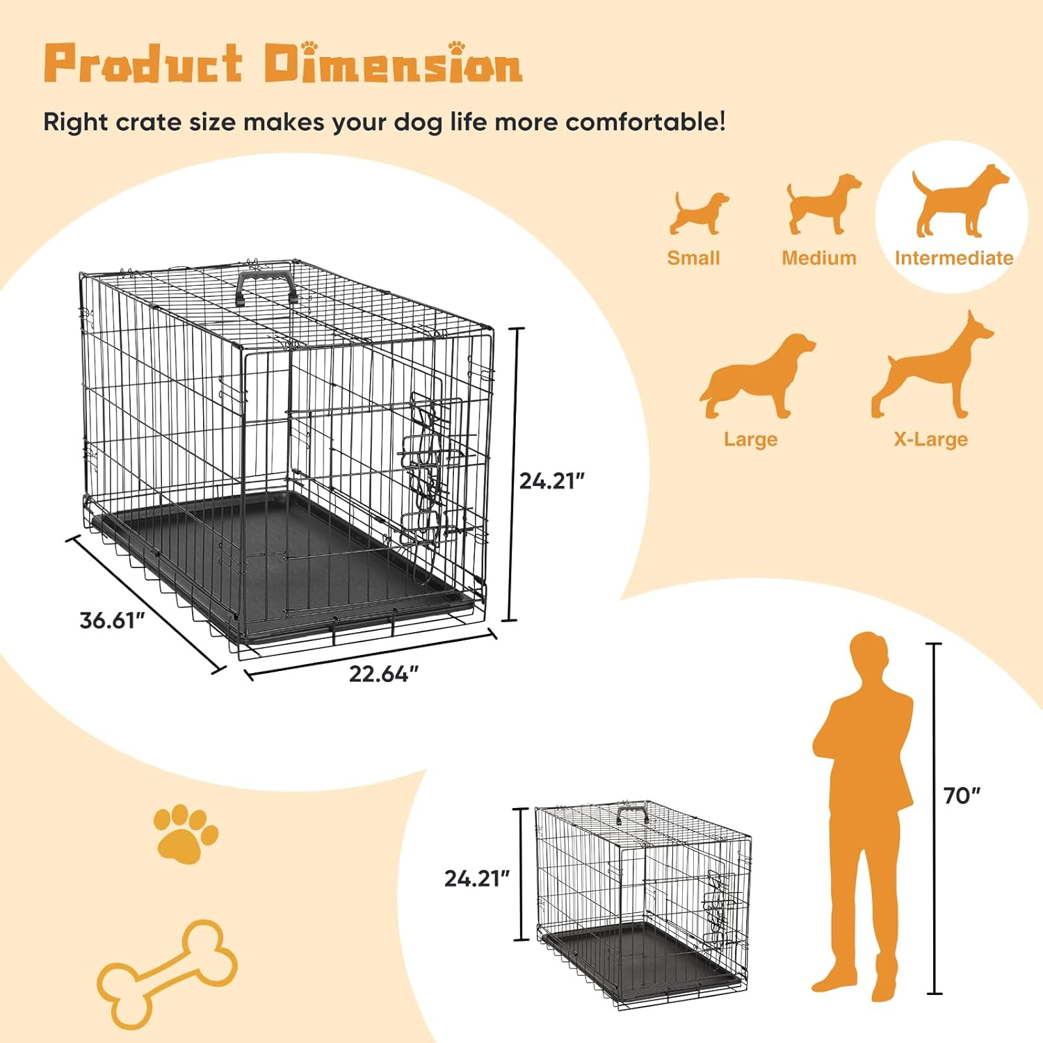 OLIXIS Dog Crate, 36 Inch Medium Double Door Dog Cage with Divider Panel and Plastic Leak-Proof Pan Tray, Folding Metal Wire Pet Kennel for Indoor, Outdoor, Travel