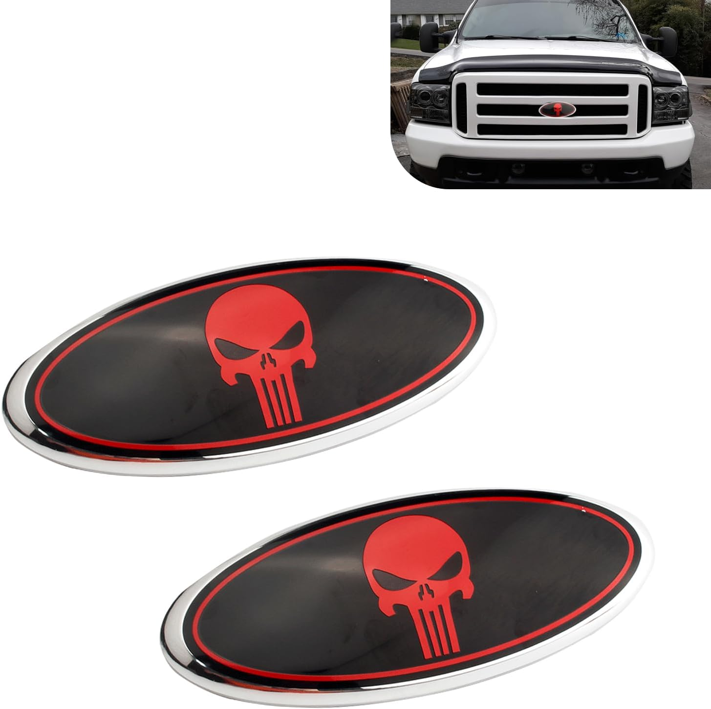 UGSHY 2 PCS Front Grille Emblem, 7" Central Mesh Cover Label, Rear Tailgate Emblem Badge Nameplate, Compatible with Ford F150 F250 F350 (Skull Red)