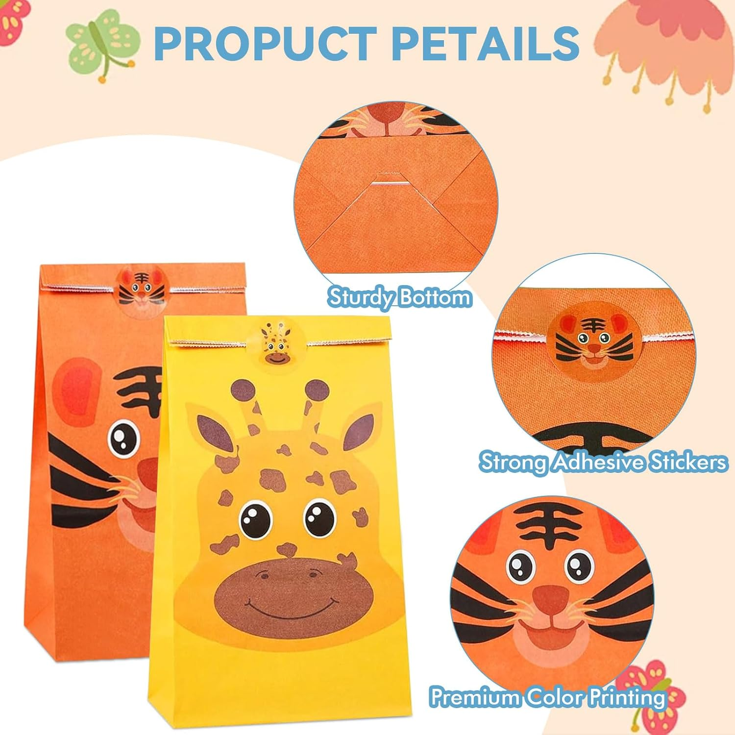 32 Pack Jungle Animal Party Favor Bags for Kids Birthday, Animals Goodie Bags with 36 Stickers, Zoo Gift Lolly Bags for Boys Girls, Baby Shower, Classroom, Animal Theme Party Supplies, 21X13X8Cm image number 5