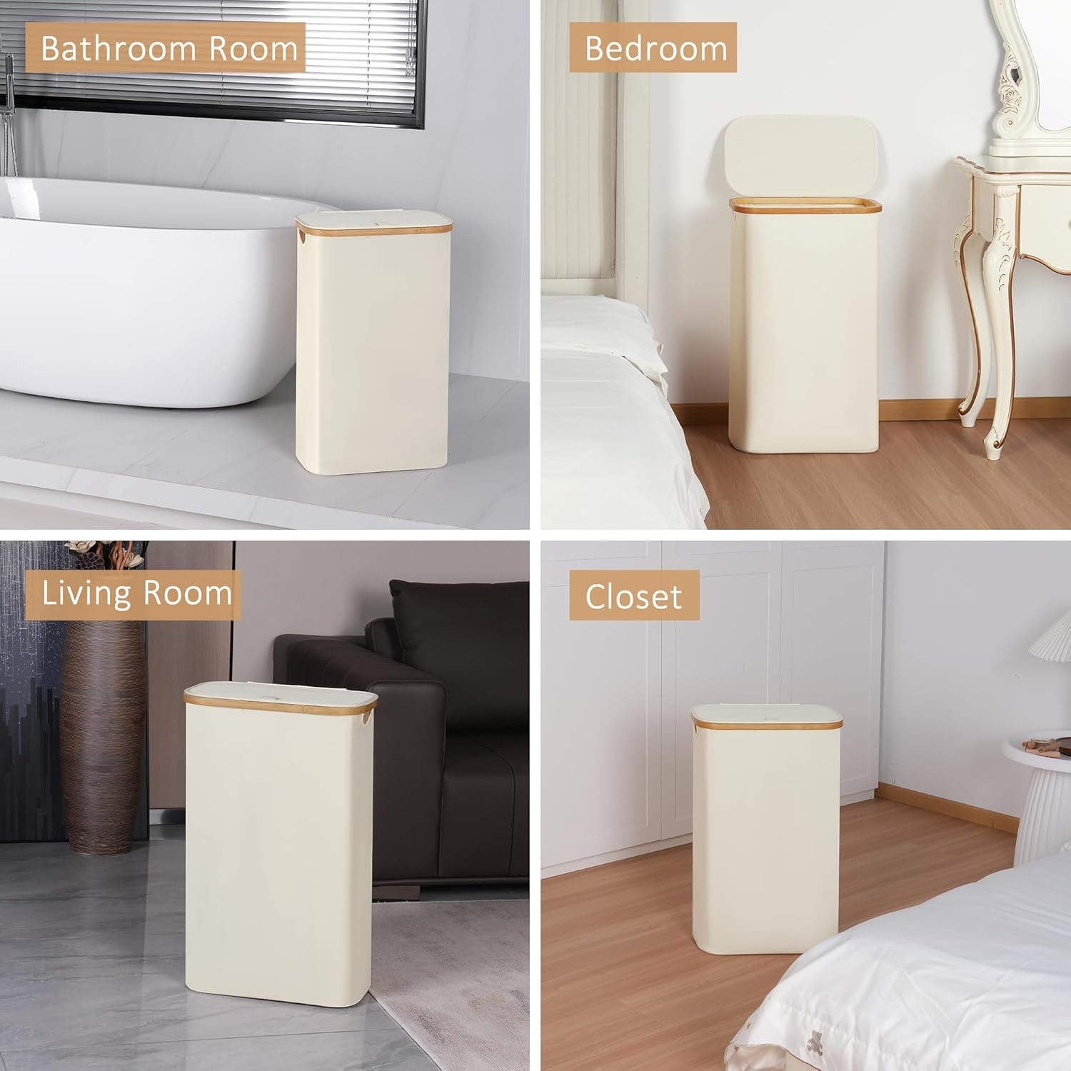 60L Slim Laundry Basket with Lid,Hampers for Laundry,Narrow Laundry Hamper with Removable Inner Bag & Bamboo Handles,Tall Thin Clothes Hamper for Clothes Toys Towels Organization（Beige ） image number 6