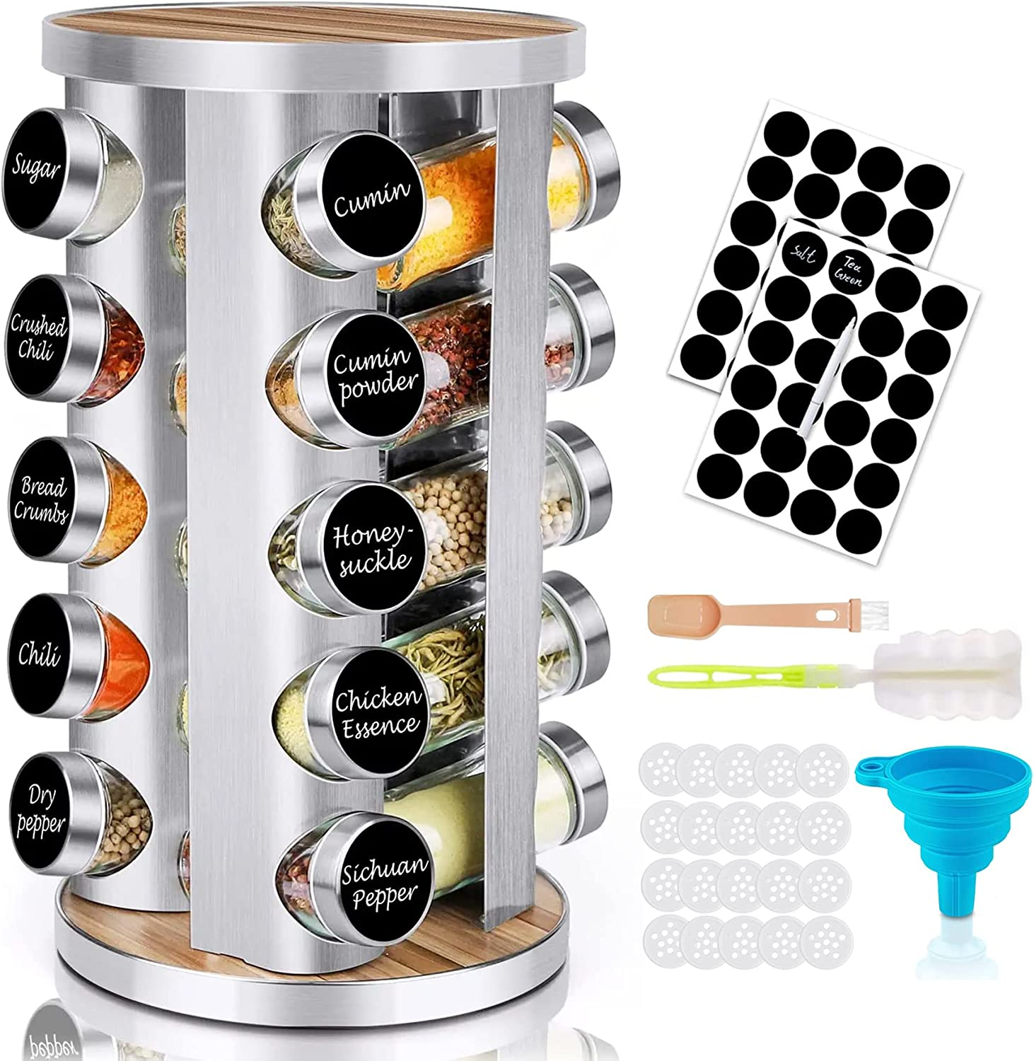 Rotating Spice Rack Organizer with Jars(20Pcs), Revolving Spice Carousel Seasoning Organizer for Cabinet, Kitchen Spice Racks for Countertop, Revolving Farmhouse Spice Organizer image number 1