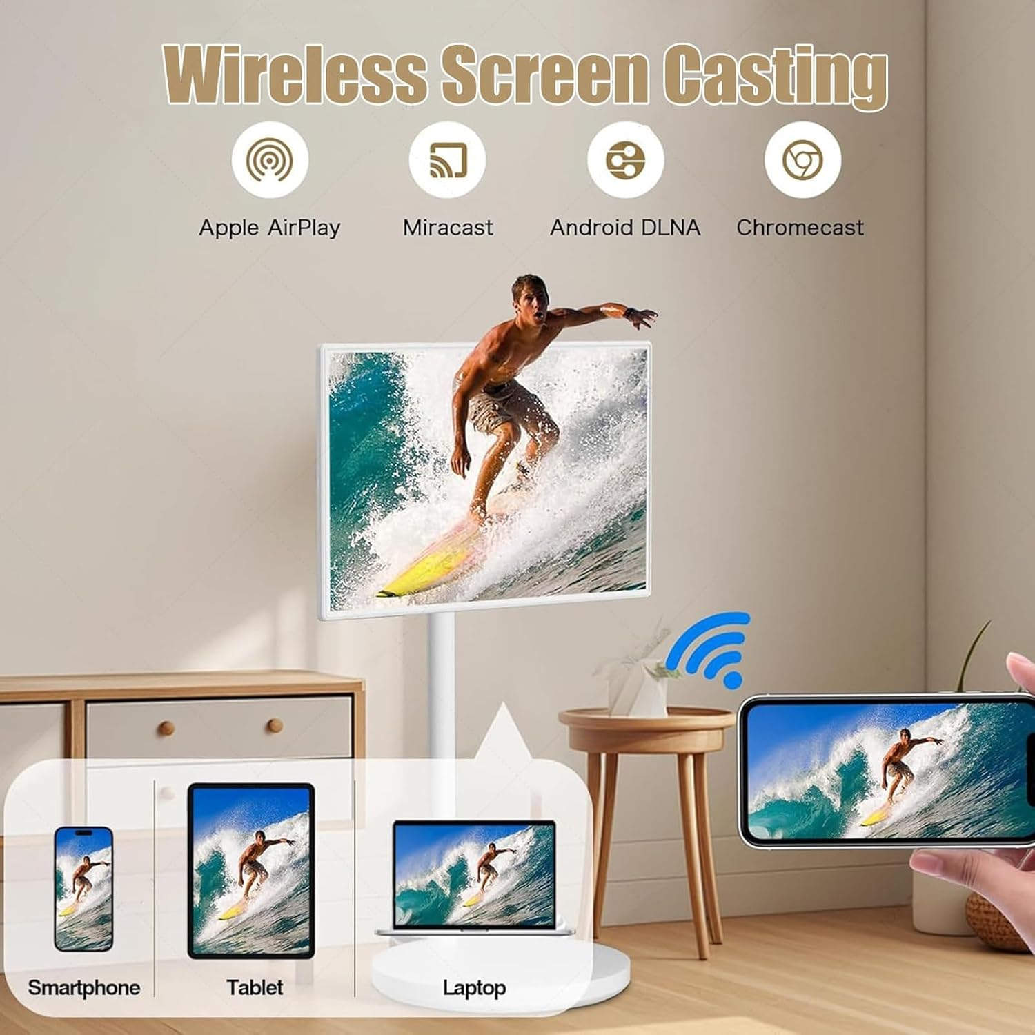 6+128G Rolling Standing Tv,27-Inch Portable Smart -1080P Touch Screen Monitor on Wheels with Remote Control,7800Mah Battery, Rotatable End of Bed Tablet White image number 5