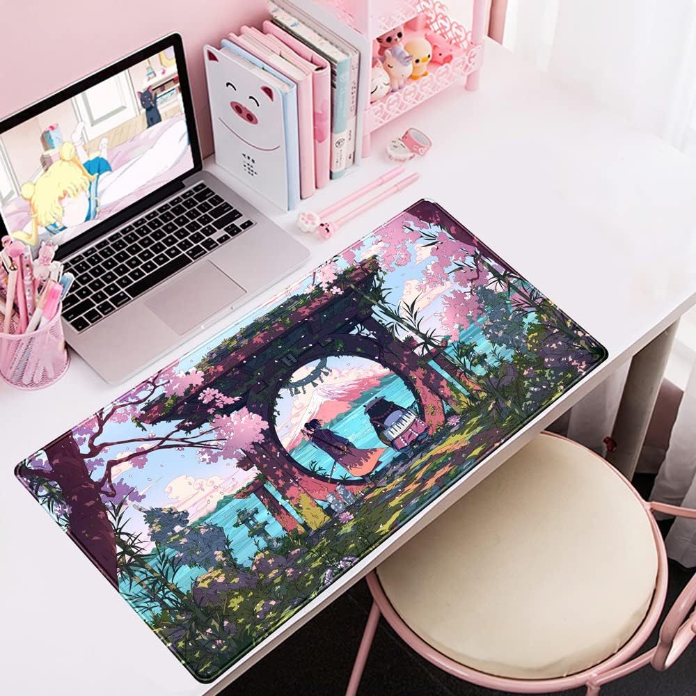 Pink Japan Desk Pad Anime Gaming Green Mouse Large for Computer Pc Laptop Office Decor Women, Keyboard Stitched Edges Non-Slip Rubber Mat (31.5X15.7 In) image number 5