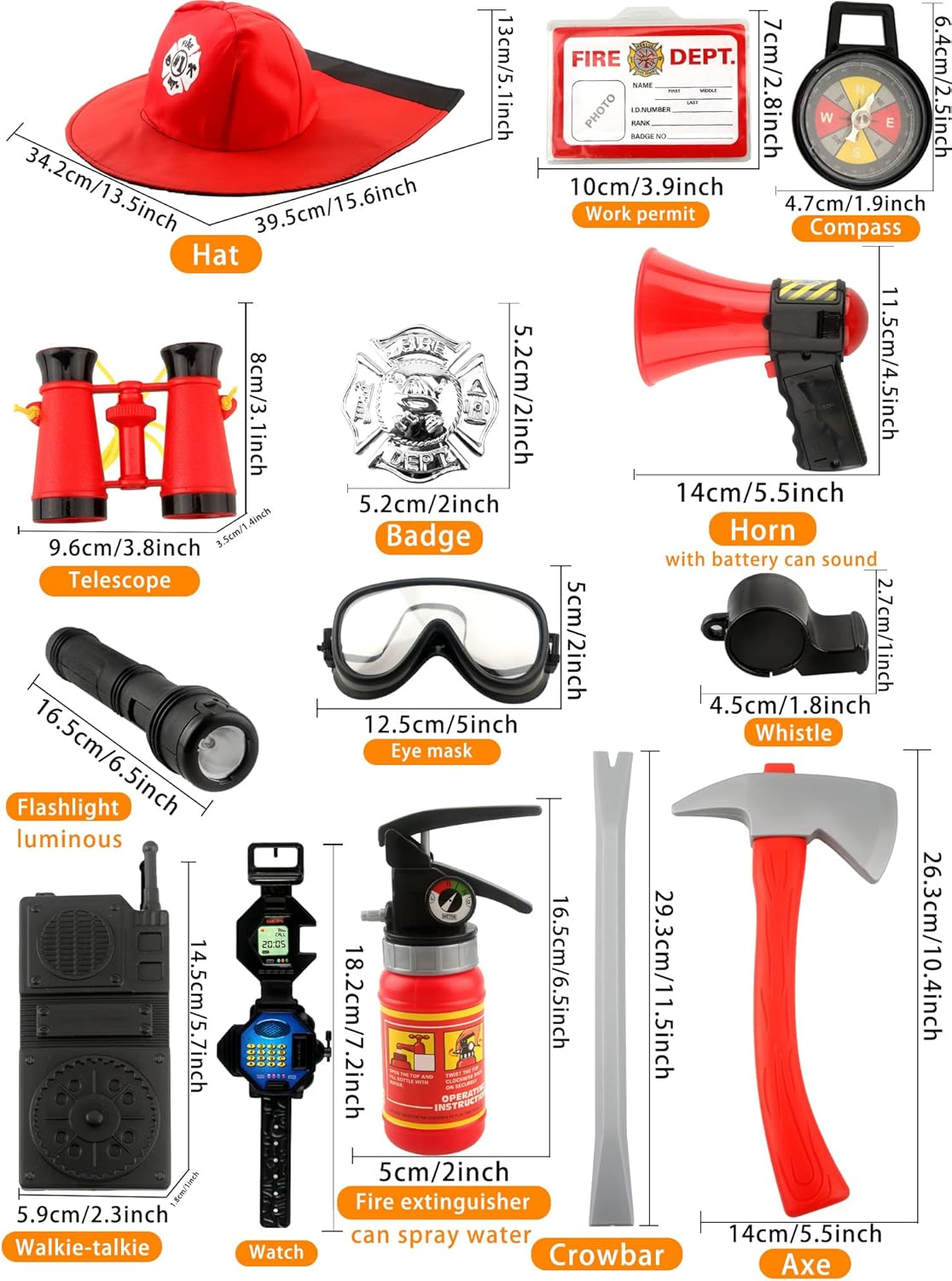 17 Pcs Kids Fireman Costume Set Fire Chief Firefighter Dress up Outfits for Halloween Firefighter Pretend Role Play Toys image number 1