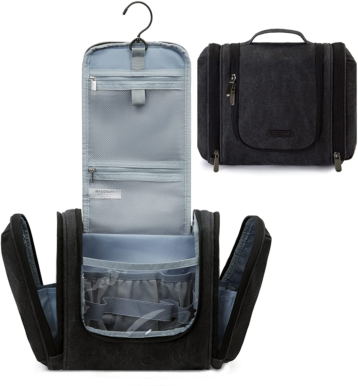 BAGSMART Toiletry Bag for Women, Travel Toiletry Organizer with Hanging Hook, Water-Resistant Cosmetic Makeup Bag Travel Organizer for Shampoo, Full Sized Container, Toiletries, Black, Medium,