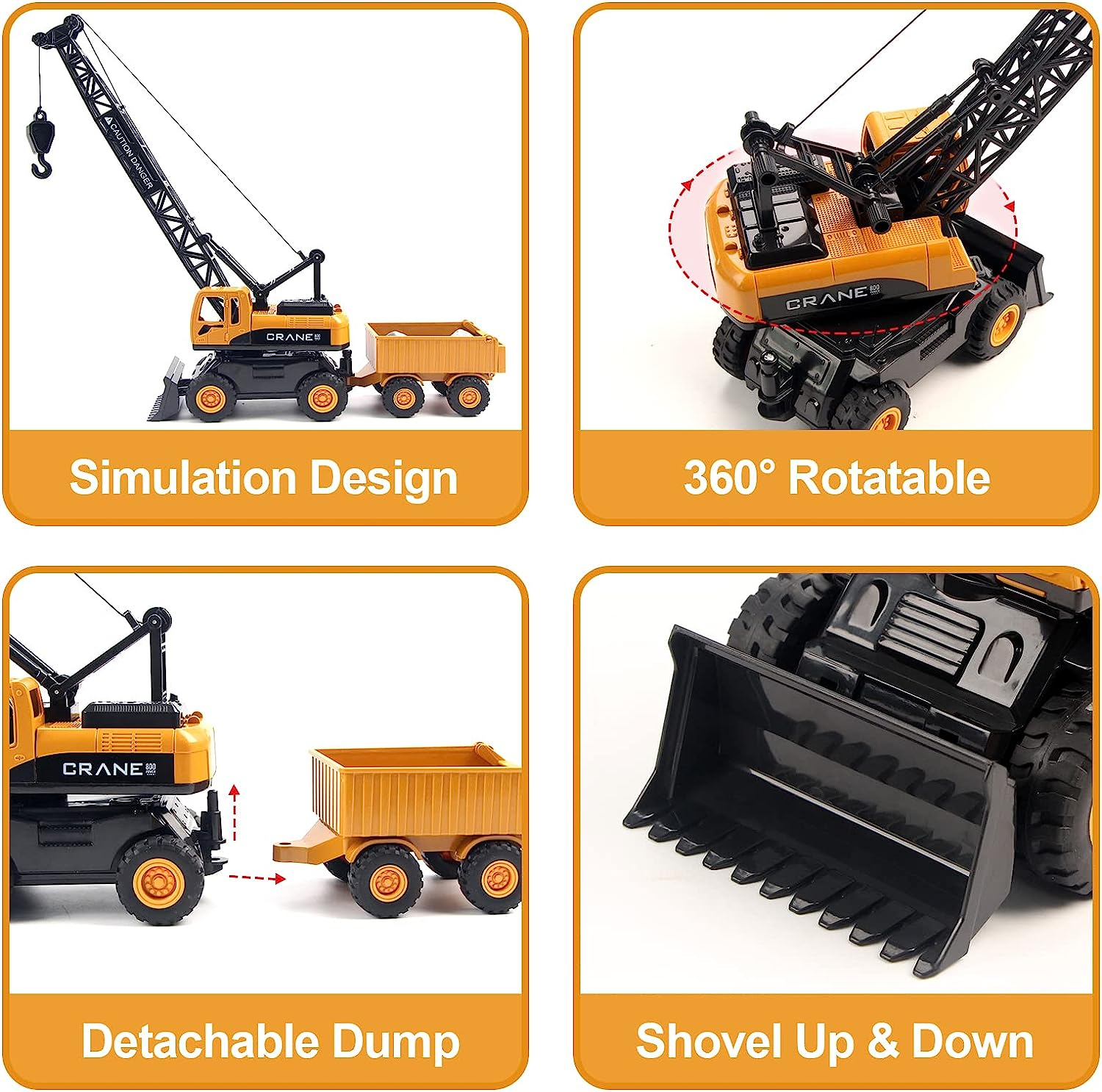 Hapavis Crane Toys Construction Truck Inertia Vehicle Engineering Car with Trailer Road Signs for Kids Boys Girls Birthday Gift image number 2