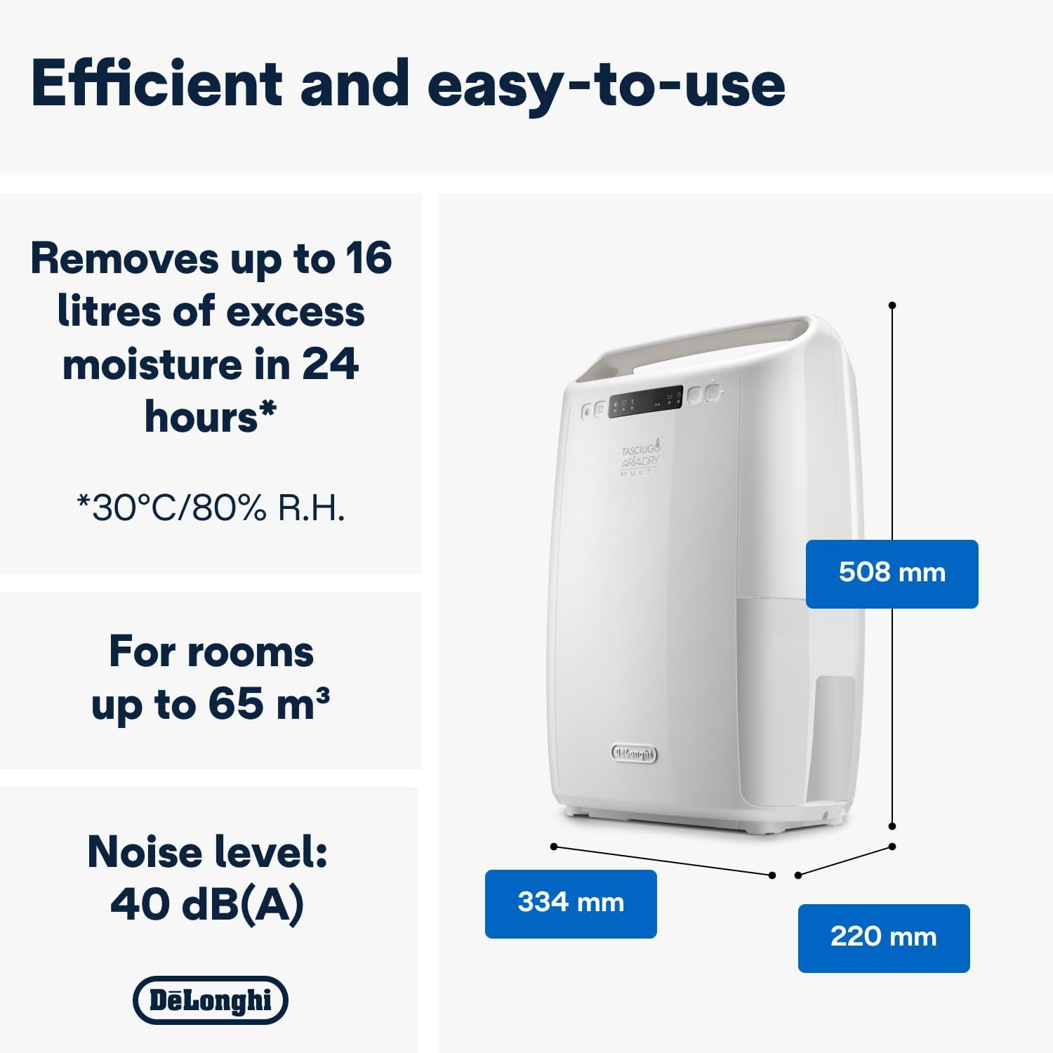 De'Longhi Tasciugo Ariadry Multi Dehumidifier DEXD214RF, Portable Dehumidifier with 3-Action Filtration, Dry Function, 14L/Day Moisture Absorption, R290, Removable Tank, White image number 6