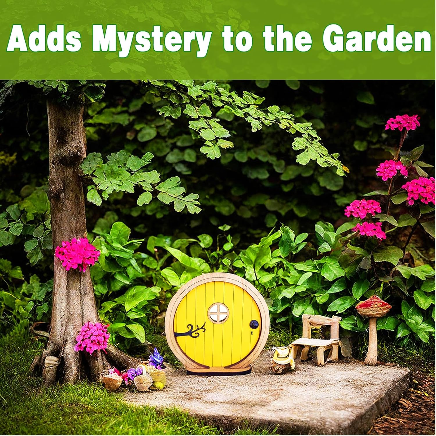 Enchanted Fairy Door for Gardens - Whimsical Miniature Elf Door Hand-Painted Outdoor Decor for Tree Trunks & Walls - Magical Fairy Tale Courtyard Accessories (Yellow) - Yellow image number 3