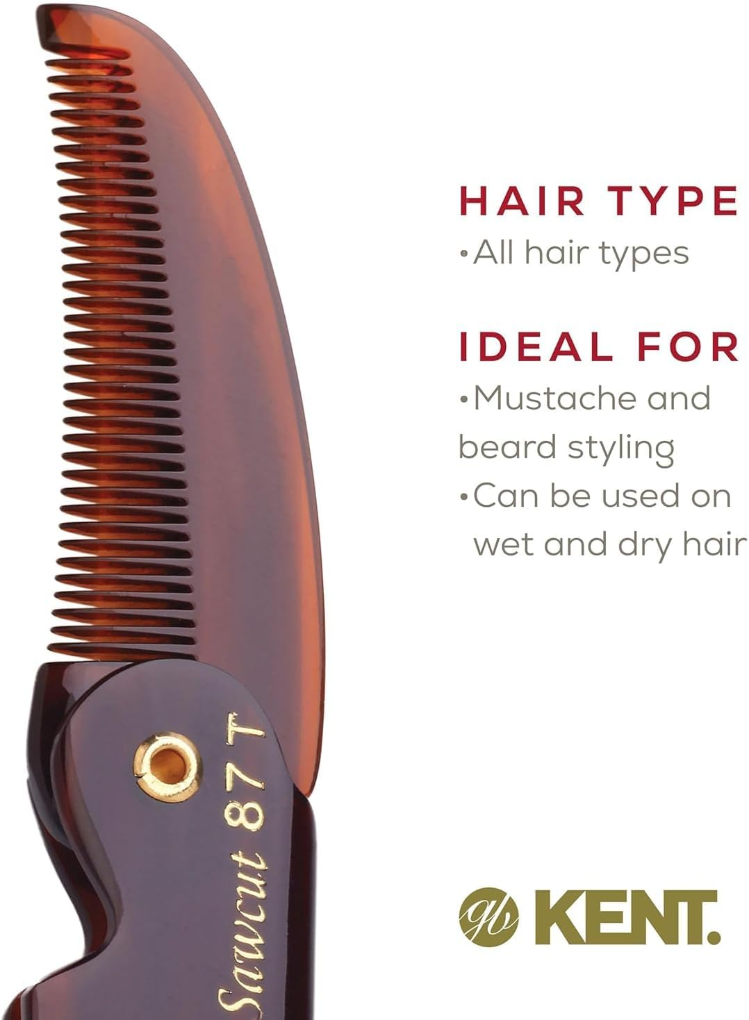 Kent 87T Combo Handmade Folding Pocket Comb for Men, Fine Tooth Hair Comb Straightener for Everyday Grooming Styling Hair, Beard or Mustache, Use Wet or Dry, Saw Cut Hand Polished, Made in England image number 2