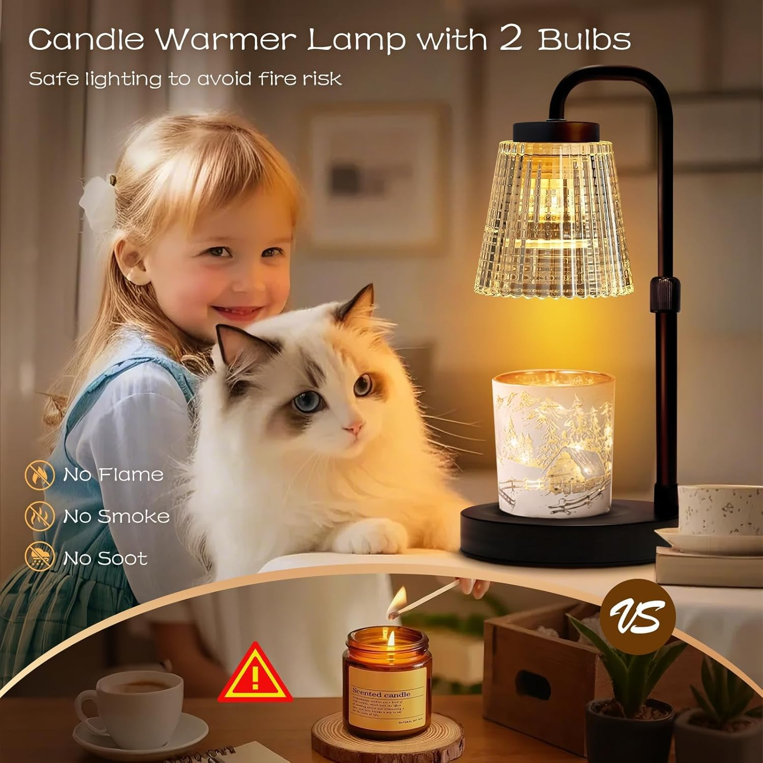 Candle Warmer Lamp with Timer, Adjustable Height Candle Warmer, Dimmable, Home Decor, Wax Warmer Lamp for Jar Candles with 2 Bulbs, Black image number 4