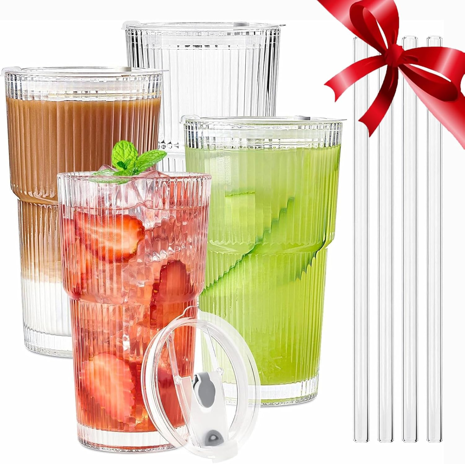 20 Oz Ribbed Glass Tumblers with Lids and Glass Straws- 4/2 Pack Ribbed Glass Iced Coffee Cup with Straw and Lid, Thicken Glasses, Ideal for Smoothieds, Cocktails, and Juices (4, 600 ML) (4, 600ML) image number 6