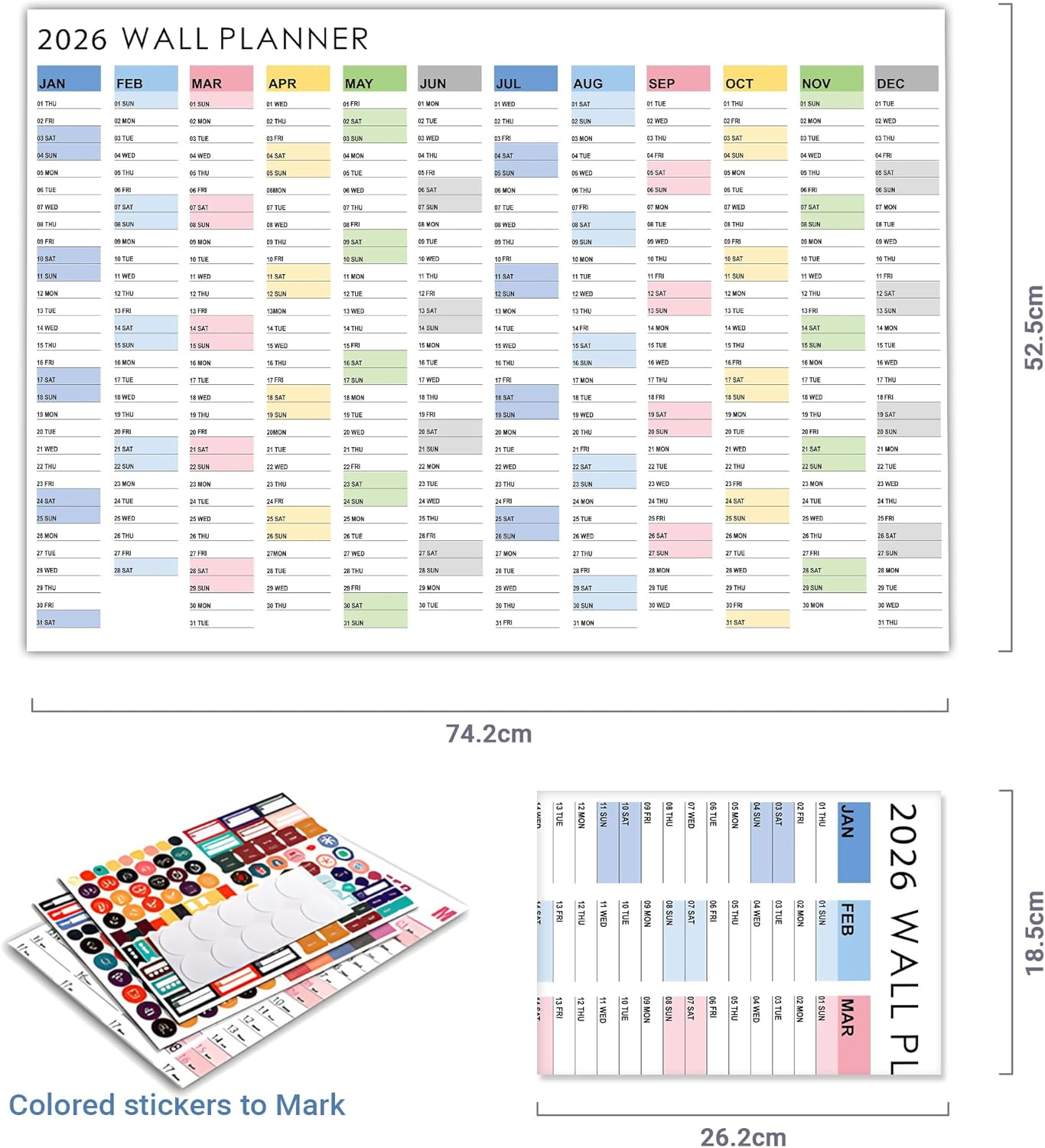 2026 Wall Planner, Large Wall Calendar Yearly Wall Planners & Colorful Stickers, Paper Blank Poster Calendar Charts, 2026 Annual Calendar, 365 Daily Plan Yearly Planner Office Home Plan Chart, Foldable(Multicolor#2) image number 1