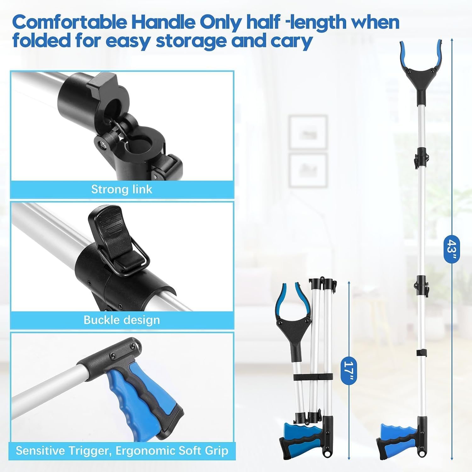 43 Inch Grabber Reacher Tool, Grabbers for Seniors Heavy Duty, Trash Picker Upper Grabber, Collapsible and Easy to Store, Wide Jaw, Grips Items Easily and Securely image number 6