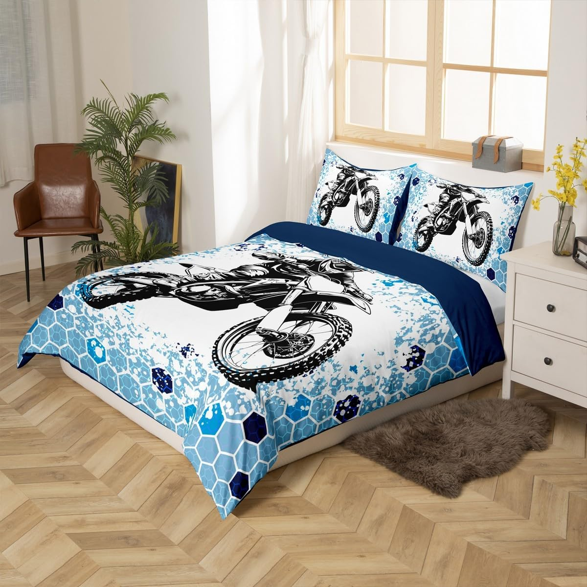 Loussiesd Honeycomb Dirt Bike Bedding Set 135 X 200 Cm for Children Boys Teens Extreme Sports Duvet Cover Racing Motocross Rider Bedding Set image number 4