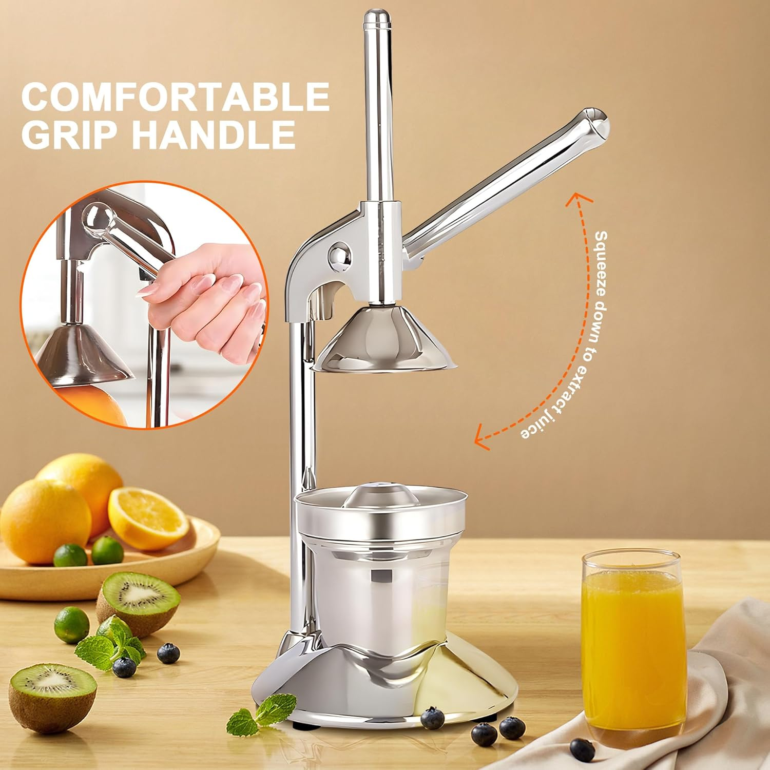 Aumerage Commercial Manual Juicer Hand Press Juice Presser, Easy to Clean, Fruit Squeezer, Citrus Juicer, Orange Juice Squeezer, Professional Citrus Juicer (Silver)