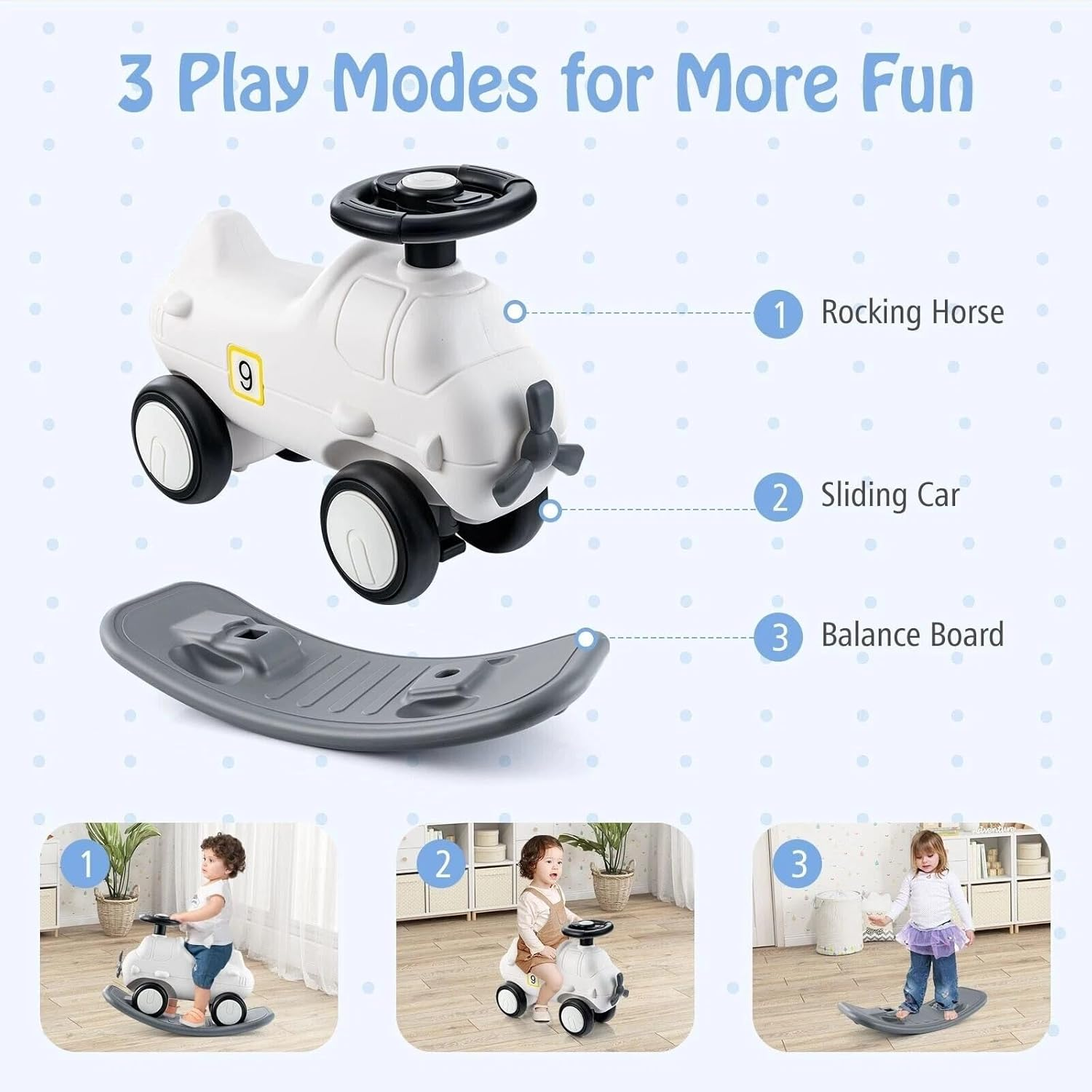 Techshining 3-In-1 Rocking Horse & Ride-On Car with Balance Board, Toddler Rocker with Wheels, 60&deg; Steering, Backrest & Anti-Roll Design for Kids