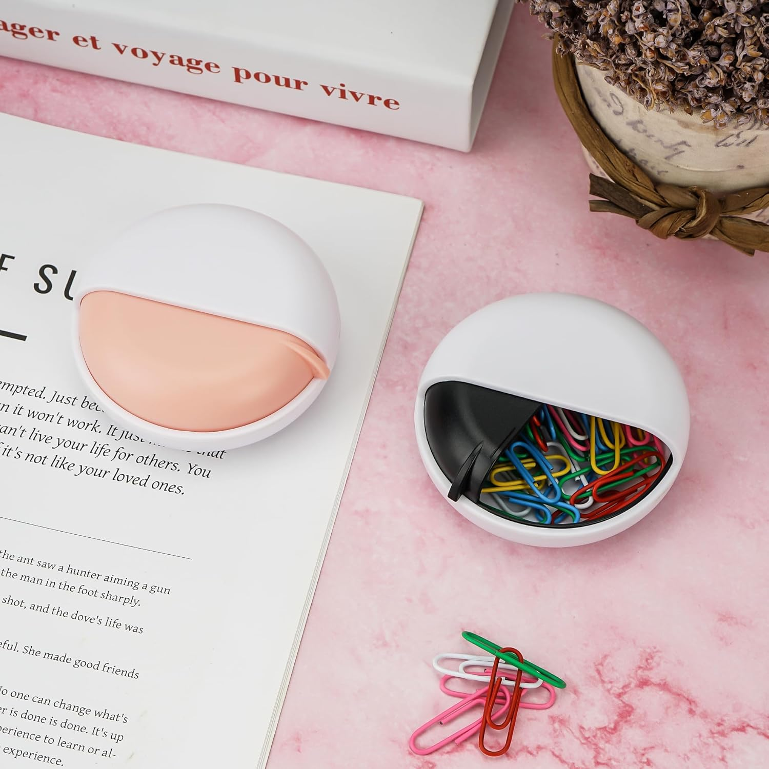 SHIDOW Paper Clip Holder Set, Small Pins Organizer, Plastic Paperclip Dispenser Box for Office Desk Accessories (2 Pcs, Black and Pink) image number 1