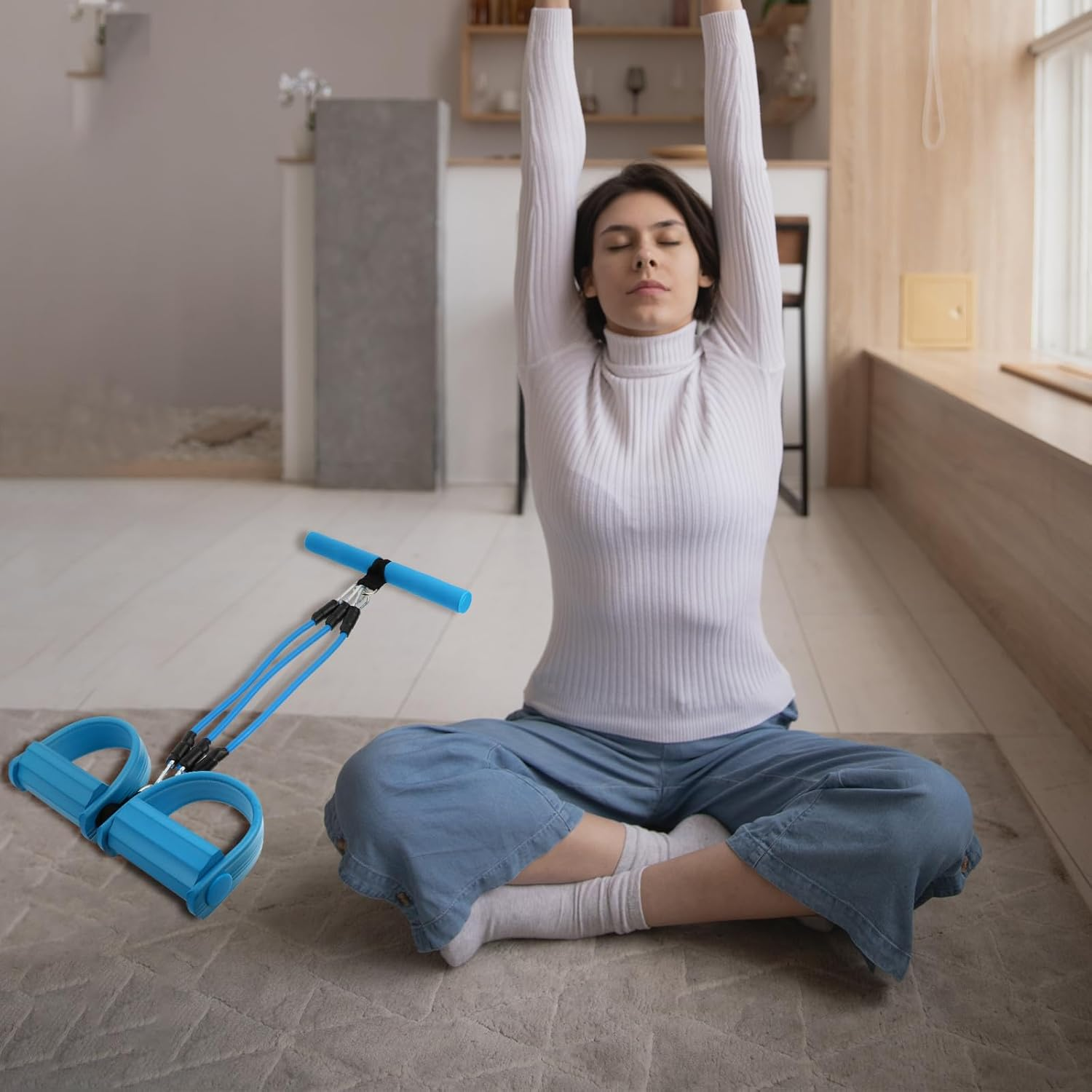 TEMPNAP Multifunctional Fitness Pedal Pull Rope with Three Tubes, Blue Sit-Up Abdominal Trainer for Home Workout and Yoga Exercise