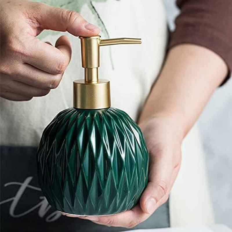 Ceramics Gold Soap Dispenser for Bathroom, Relief Soap Dispenser for Kitchen Sink, 400Ml/13.5Oz Refillable Liquid Hand Soap Dispenser with Gold Pump (Dark Green)
