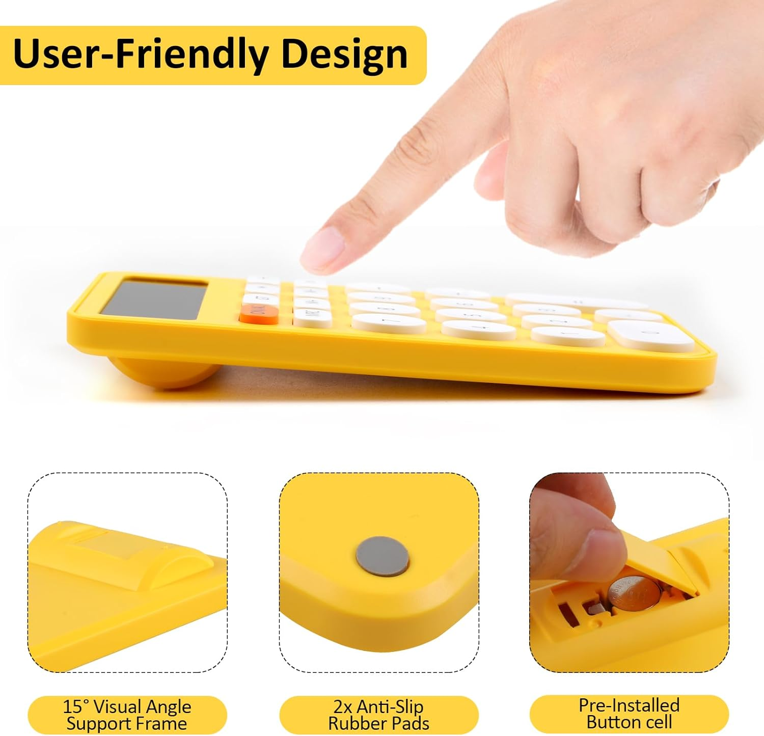 Desktop Calculator 12 Digit, Large Display and Sensitive Button, Standard Calculator with Large LCD Display for Office, Home, School,With Battery(Yellow White) - Orange image number 6