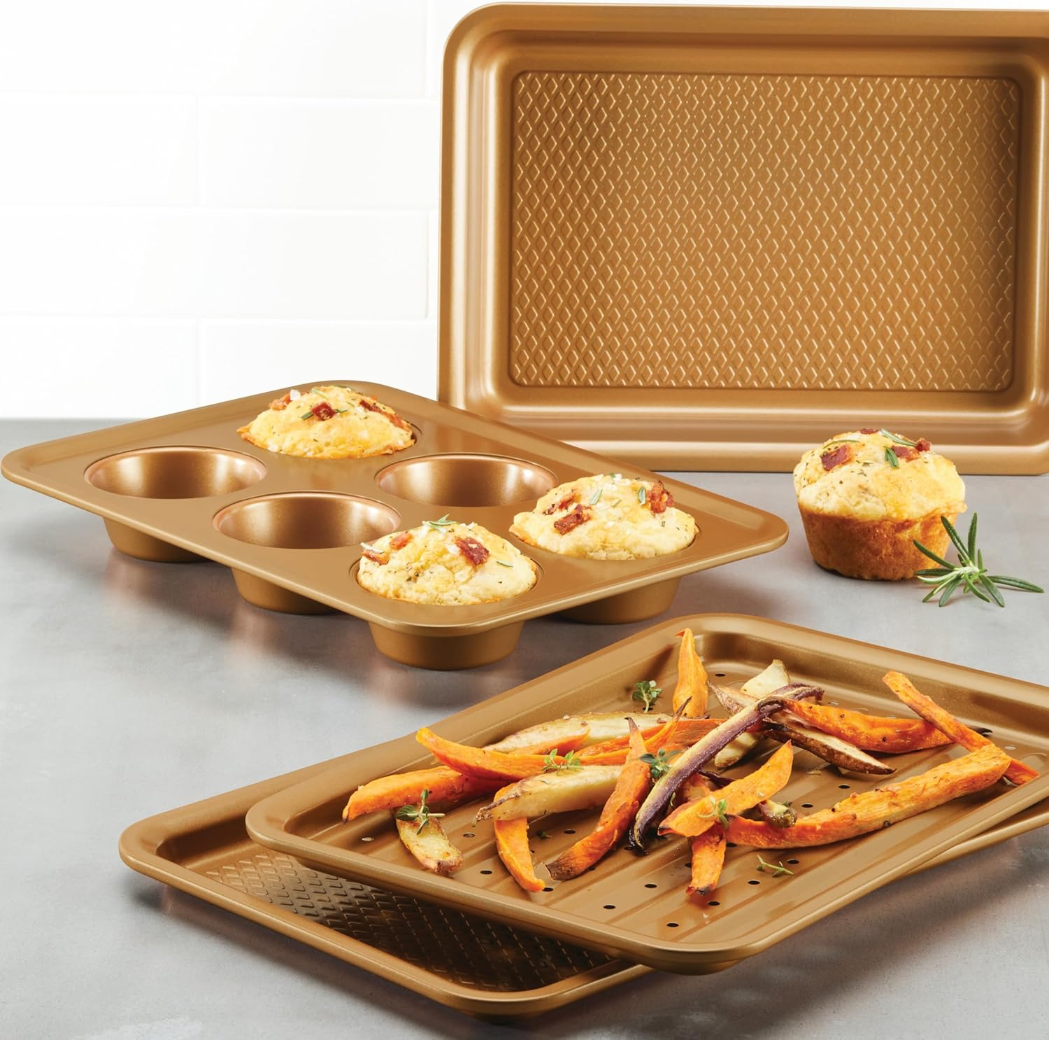 Ayesha Curry Nonstick Bakeware Toaster Oven Set with Nonstick Baking Pan, Cookie Sheet/Baking Sheet and Muffin Pan/Cupcake Pan - 4 Piece, Copper Brown image number 1