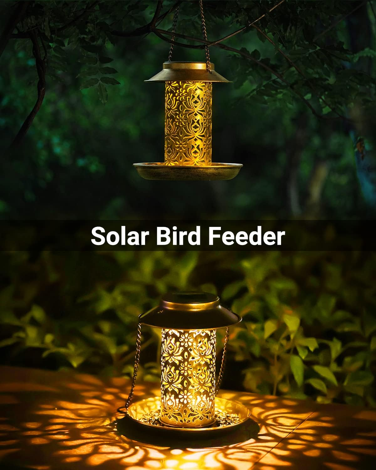 SWEETFULL Solar Bird Feeder for Outdoors Hanging, Metal Wild Bird Feeder for Cardinals Solar Garden Lantern with S Hook as Gift Ideas for Bird Lovers (2Lbs Heavy Duty Weather Resistance Birdfeeders)
