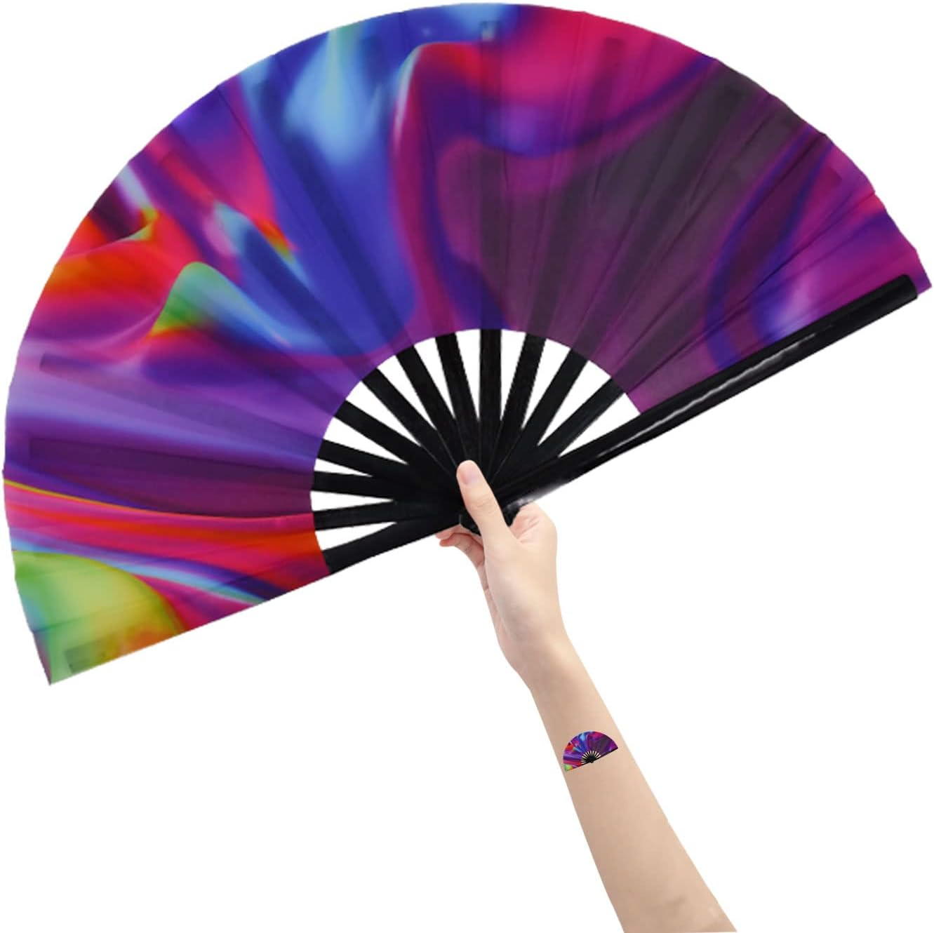 Amajiji Large Folding Hand Rave Fan for Women/Men, Chinease/Japanese Bamboo and Nylon-Cloth Folding Hand Fan, Hand Fan Festival Fan Gift Fan Craft Fan Folding Fan Dance Fan