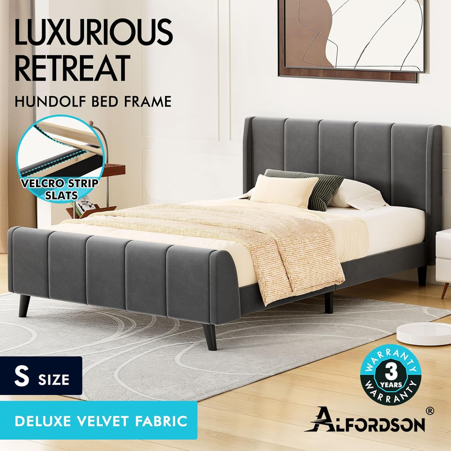 ALFORDSON Bed Frame Base Single Size with Headboard, Bed Platform Foundation with Velvet Fabric Upholstered for Mattress Topper, HUNDOLF Series Velvet Grey image number 6