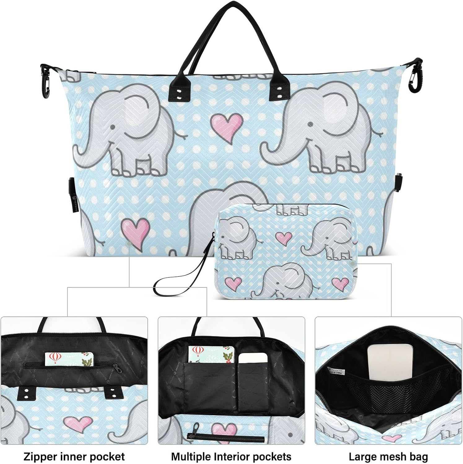 Cartoon Cute Blue Elephant Large Bag Carry on Tote Bag Sports Tote Gym Bag with Toiletry Bag for Sports Waterproof, Cartoon Cute Blue Elephant, 1 Size image number 4