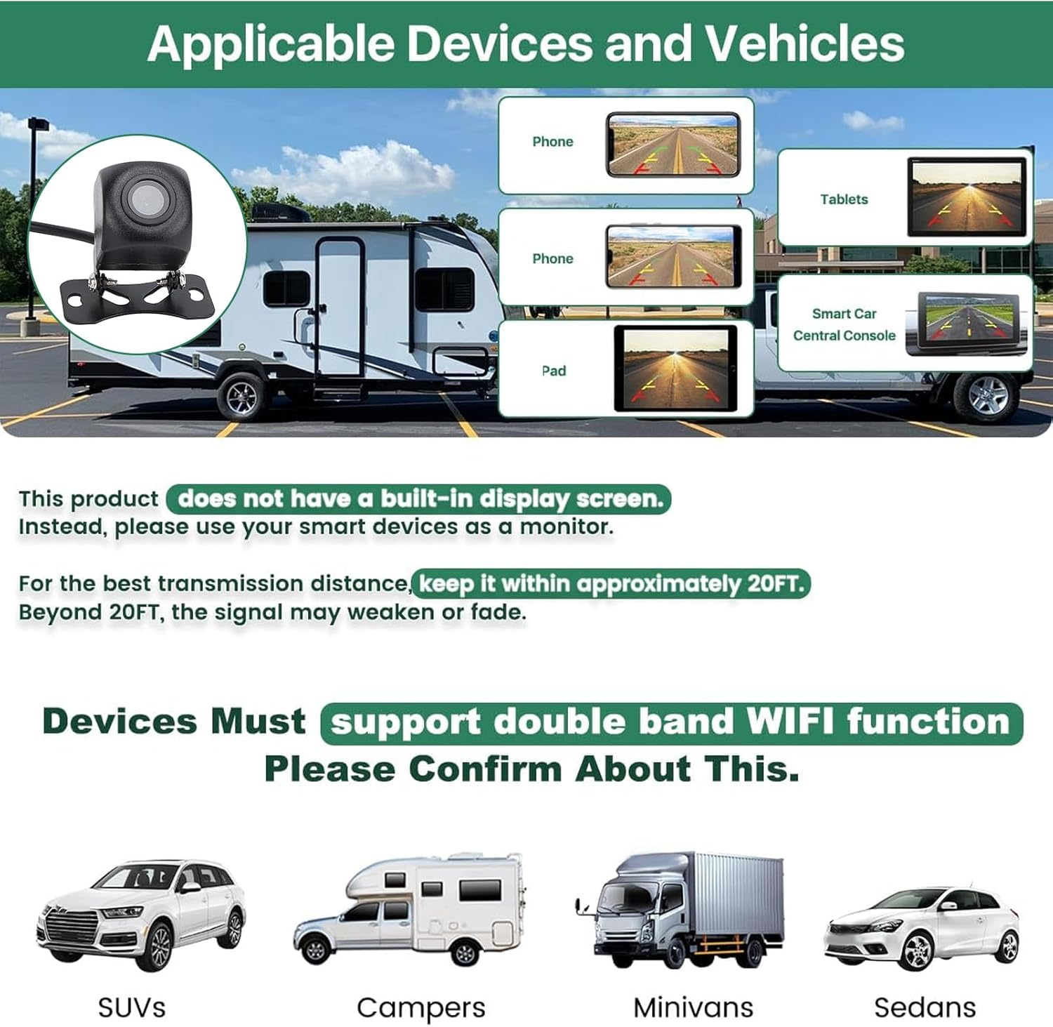 Magnetic Wireless Backup Camera Fhd1080P Backup Camera High Definition Night Vision Wifi Car Camera for Ios Tablet, Solar Powered Fidelity Backup System Reversing Cameras