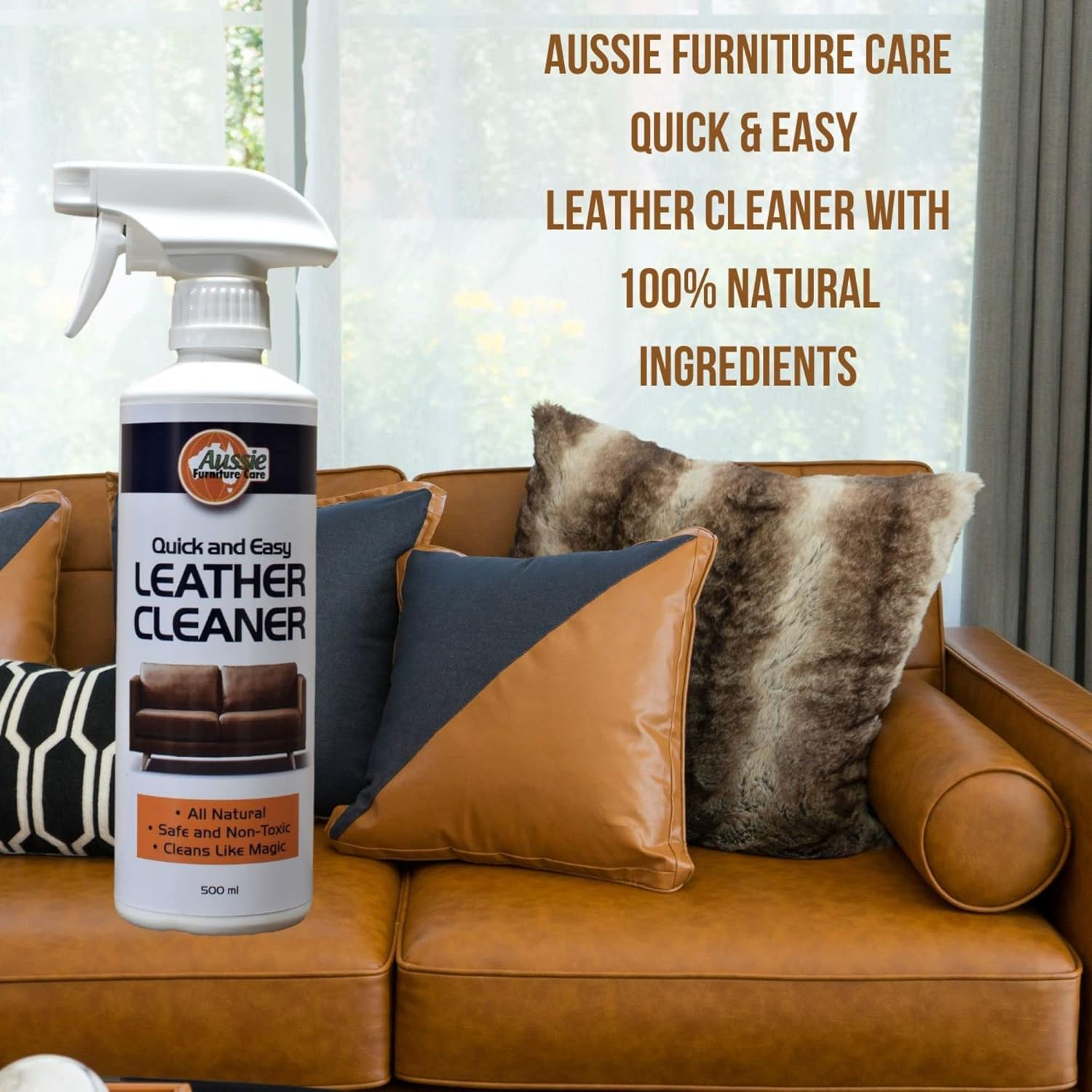 Leather Cleaner by Aussie Furniture Care: the Best Leather Cleaner for Leather Furniture, Car Seats, Apparel and Accessories 500Ml Easy to Use 100% Natural Australian Made