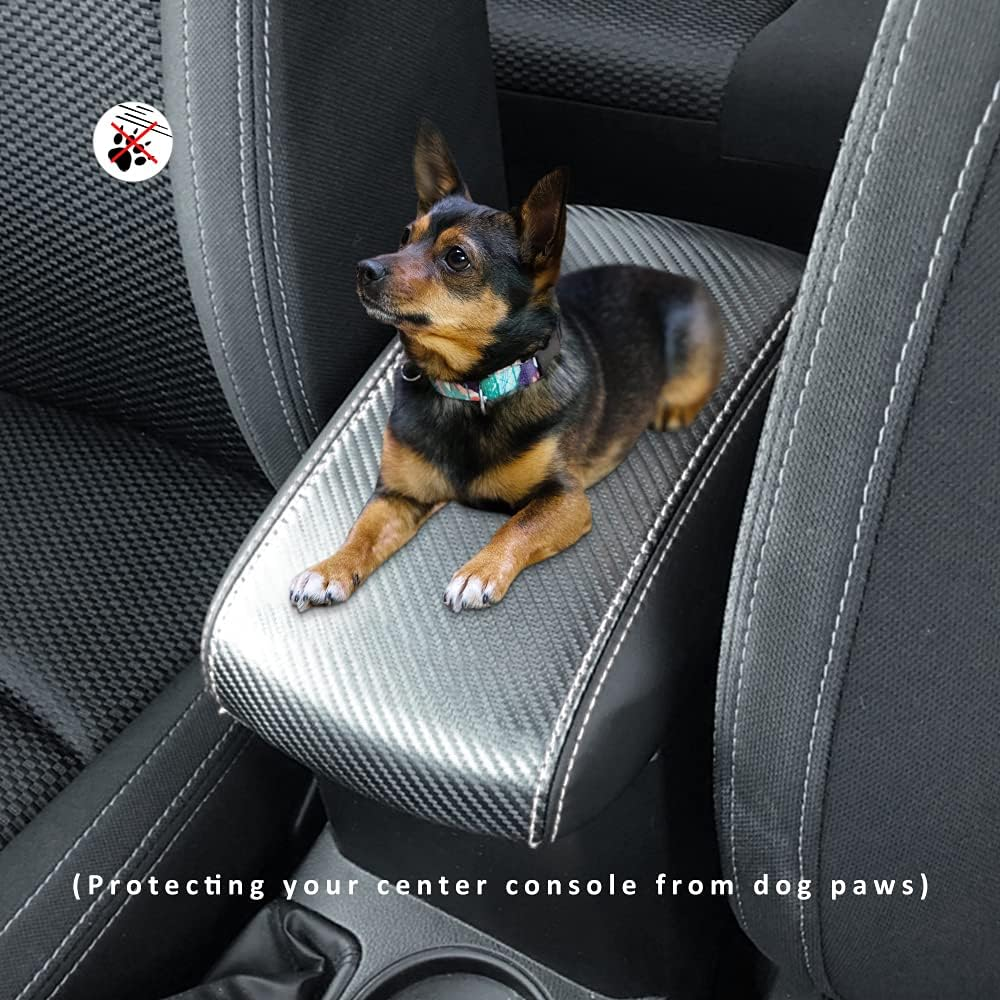 INTGET Car Console Armrest Cover for 2017-2018 Subaru Forester - Leather Dog Seat Protector for 2013-2016 Models - Center Console Accessory (Carbon Fiber Texture) - Black Stitches image number 4