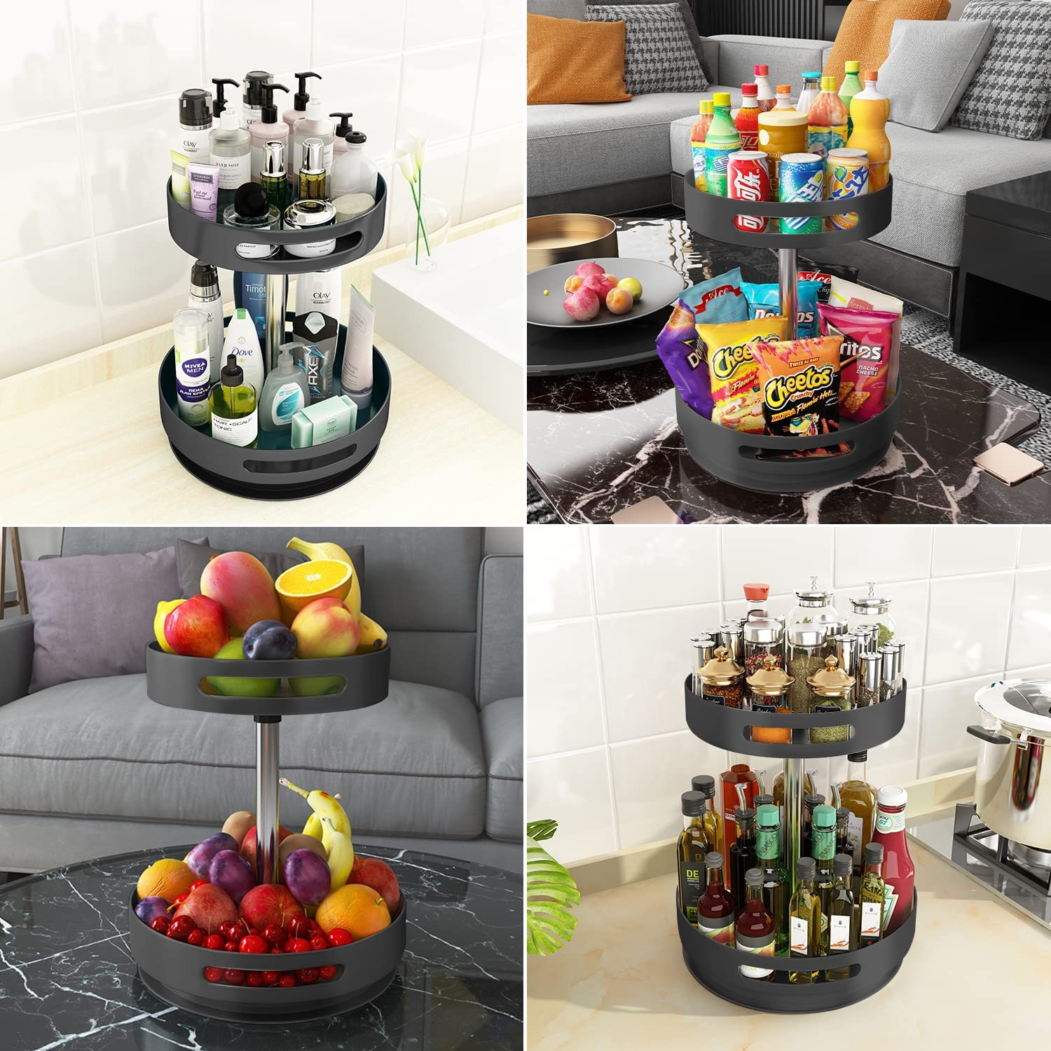 2 Tier Lazy Susan 360&deg; Turntable Kitchen Spice Storage Organizer Rack, Height Adjustable Rotating Tray for Kitchen Cabinet Pantry Bathroom, Condiments Storage Rack image number 4