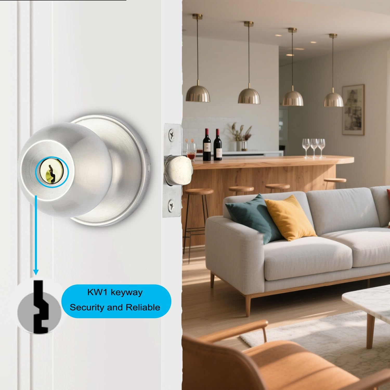 Winbay Door Knob with Lock and Key, Keyed Entry Door Lock Set, Interior and Exterior Entrance Door Lock in Solid Stainless Steel, Brass Cylinder, for Front Door, Bedroom, Bathroom, Satin Nickel image number 3