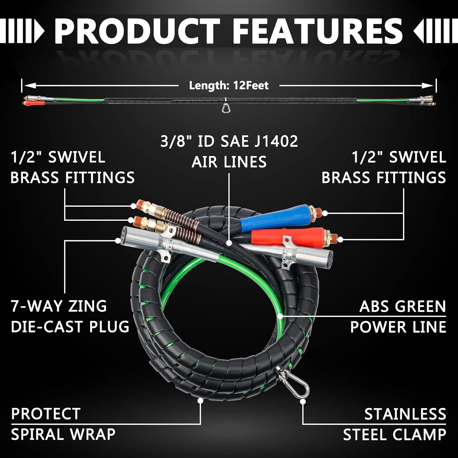 Cheemuii Semi Truck Air Line Kit 12 FT 3 in 1 ABS Power Air Line Air Hose with Gladhands and Tender Spring Kit for Semi Truck Tractor Trailer