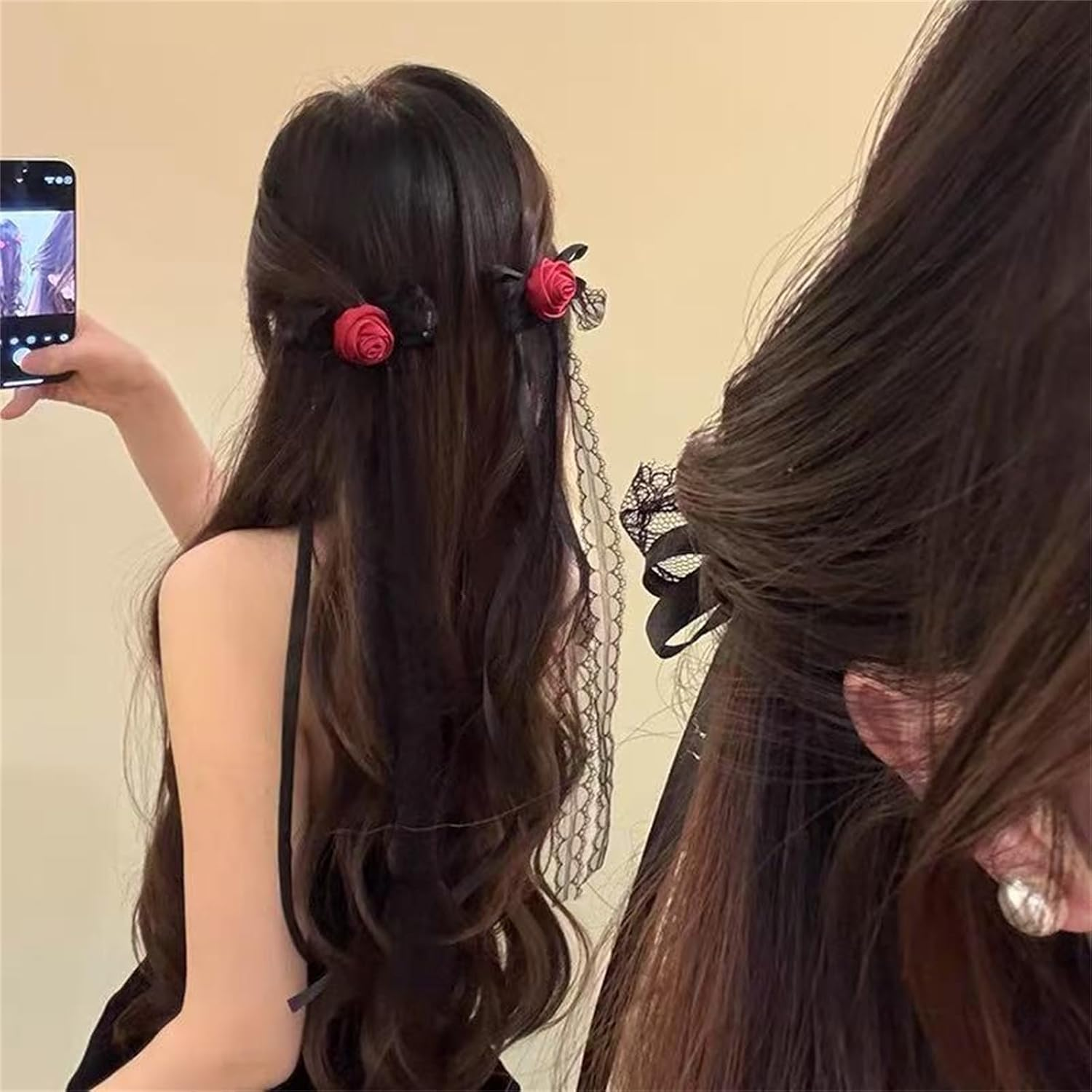 LERTREE 2Pcs Gothic Rose Hair Clips with Long Ribbon Tail, Black Lace Floral Bowknot Hair Barrettes for Halloween Cosplay Bridal Wedding image number 6