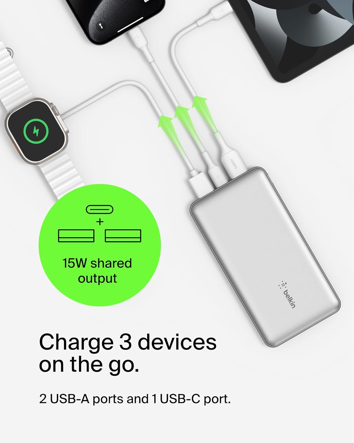 Belkin Boostcharge USB-C Portable Charger 10000Mah Power Bank, 1 USB-C Port and 2 USB-A Ports & Included USB-C to USB-A Cable for Iphone 16/15/14/13 Series, Samsung S24 & More -Silver image number 4