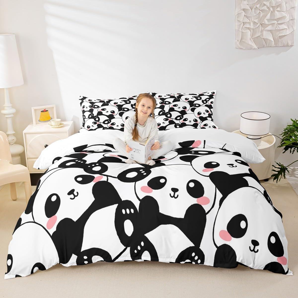 Erosebridal Kid Duvet Cover Twin, Cute Panda Bedding Set for Bedroom Decor, Kawaii Black White Bear Comforter Cover, Giant Panda Bedding Comforter Set, Cartoon Bedding Set for Childern Boys Girls image number 4
