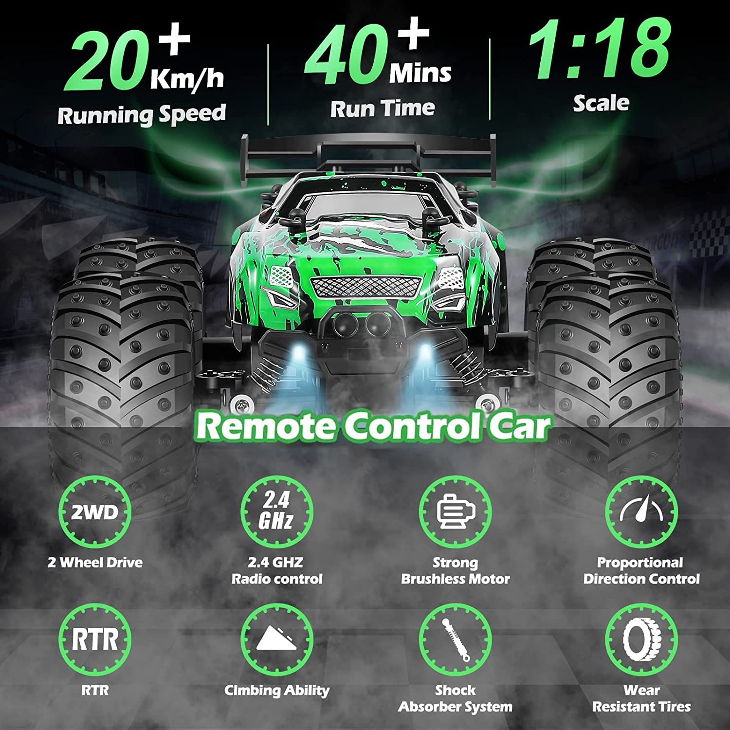 Remote Control Car, Monster Truck Monster Jam with LED Headlight, 1:18 Scale All Terrain, 2WD 2.4 Ghz off Road High Speed 20 Km/H RC Cars for Boys and Girls image number 4