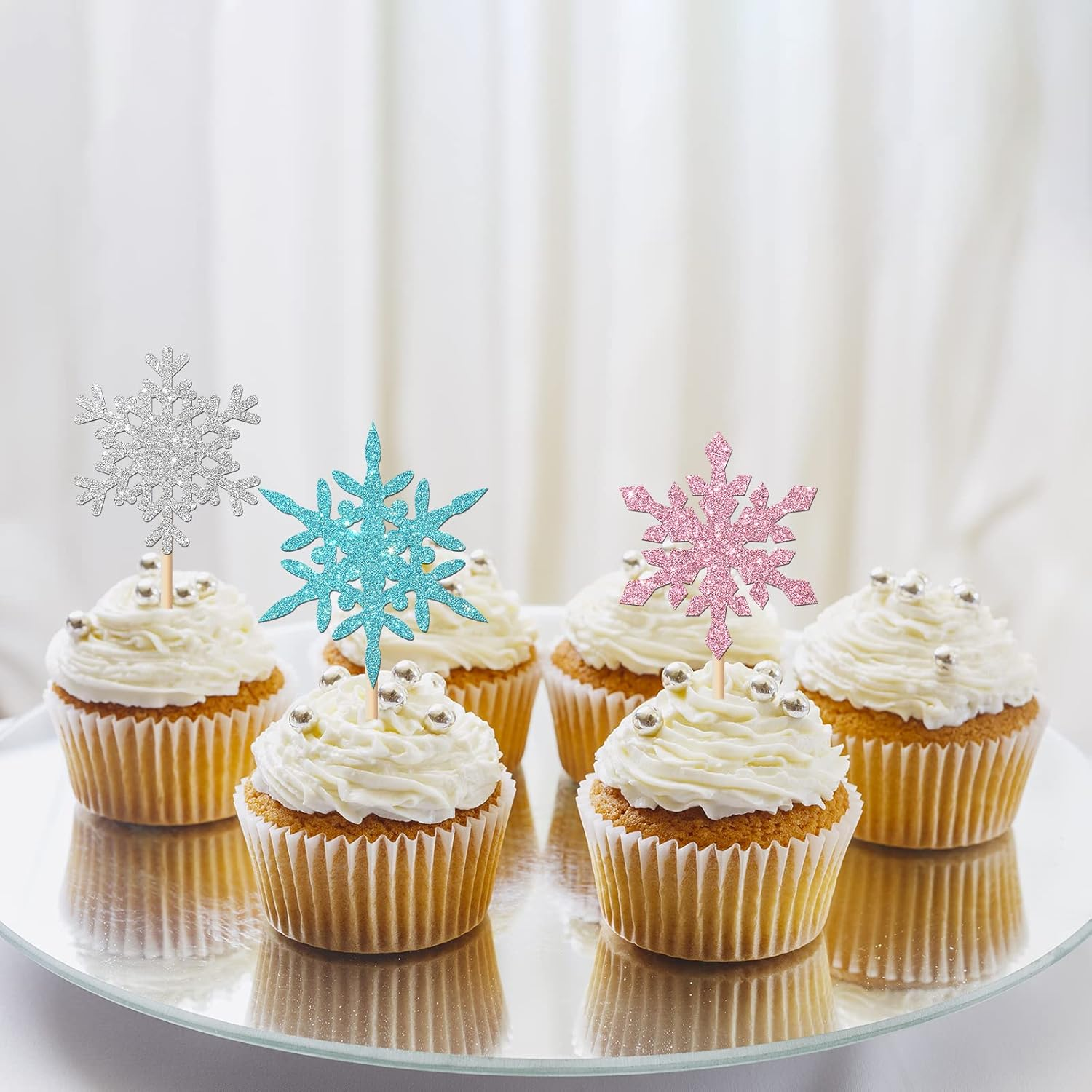 24Pcs Glitter Snowflake Cupcake Toppers, Winter Snowflake Cupcake Picks, Snowflake Theme Baby Shower Kids Boys Girls Birthday Christmas Party Cake Decorations image number 5