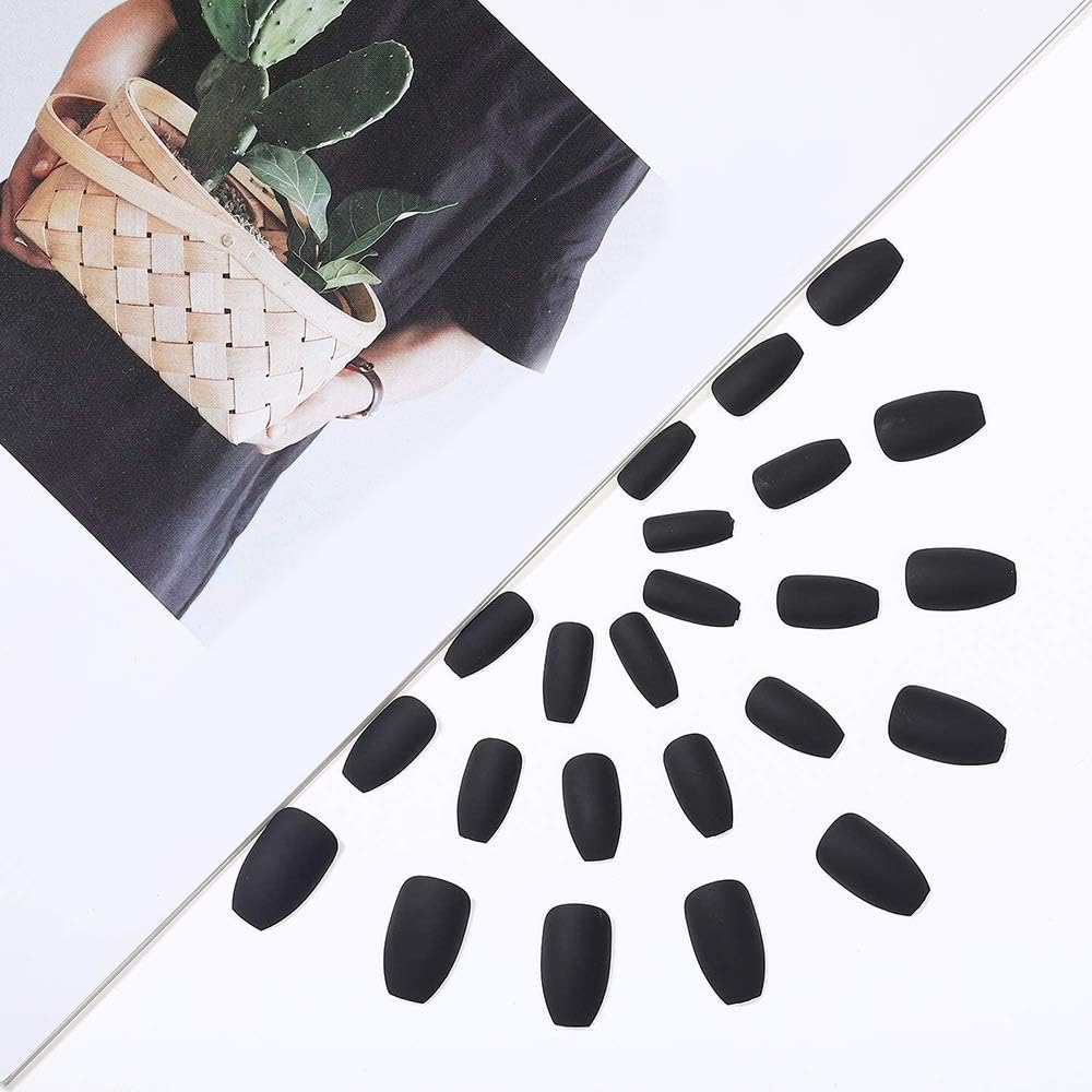 48Pcs Black Matte False Nails Full Cover Coffin Fake Nail Tips for Women Hands Manicure Decoration