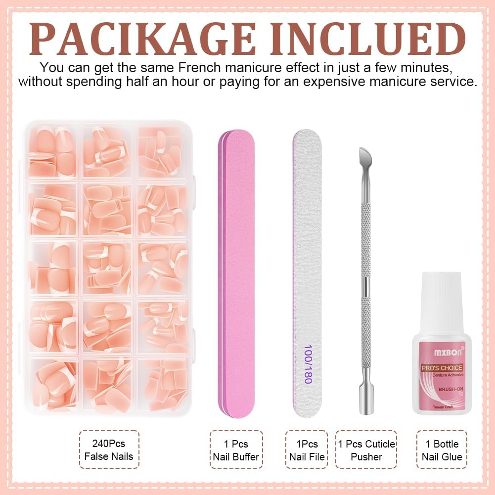 BUTBU Pack of 240 French False Nails, Glossy Gl&auml;nzend Ballerina Nails to Apply to French Nails, Reusable, Full Coverage for Women and Girls image number 2