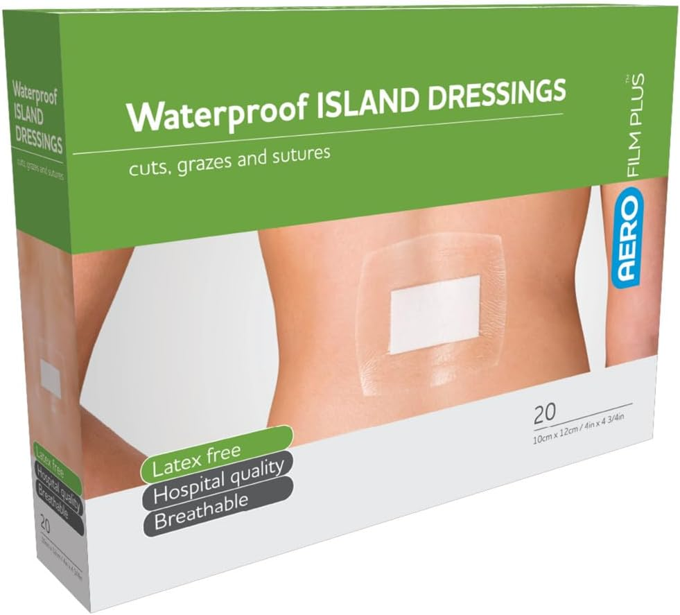 AEROFILM plus Waterproof Island Dressing, Waterproof Dressing Barrier with Transparent Film and Absorbent Pad for Post‑Operative Care, Hypoallergenic Adhesive, Frame Delivery, 10 X 12 Cm, Box of 20