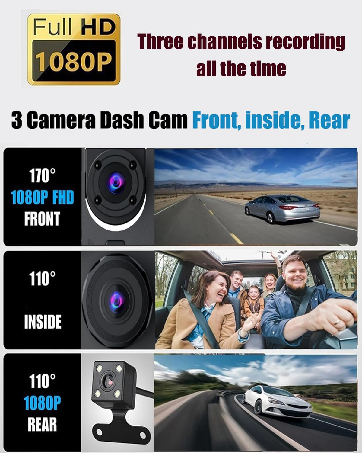3 Channel Dash Cam Front and Rear inside for Cars, Full UHD Car Camera with 32GB Card, IR Night Vision, 3.18&rdquo; IPS Screen, 176&deg; Wide Angle, 24H Parking Monitor, G-Sensor, Loop Recording image number 2
