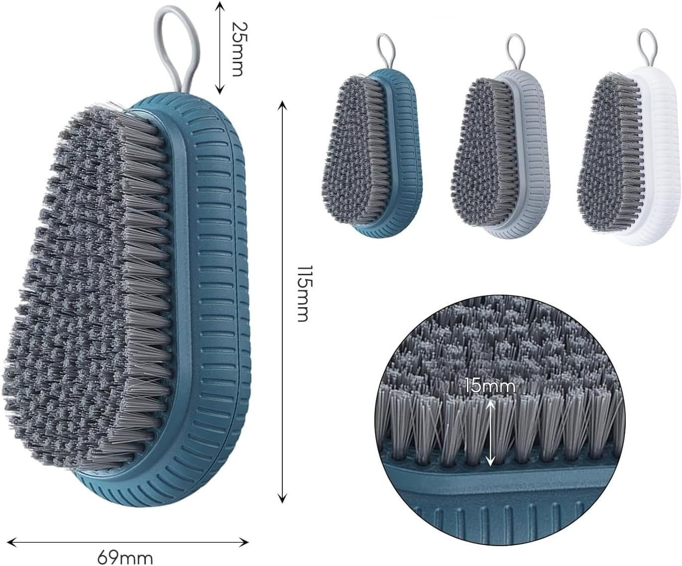 Cleaning Brush with Hanging Rope, Pack of 3 Hand Brush, Nail Brush, Nail Brushes for Bathroom, Toilet, Sink, Workshop (Deep Blue, White, Grey) image number 2