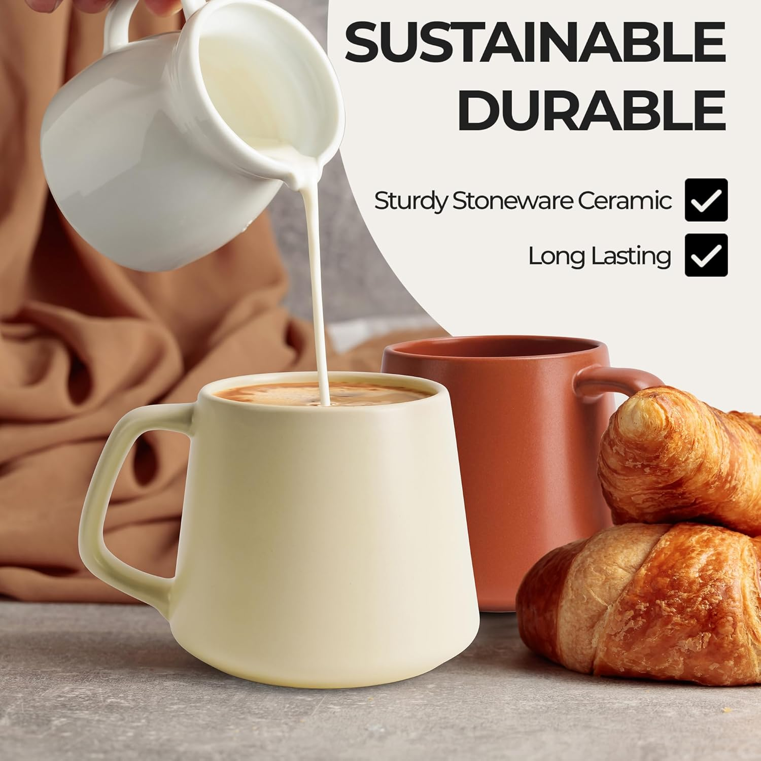 MIAMIO - Coffee Mugs Set of 4 / Large Ceramic Coffee Cups (420 Ml) - Mug for Cappuccino, Tea, Espresso - Microwave and Dishwasher Safe - Luxe Collection (Beige Pastel) image number 4