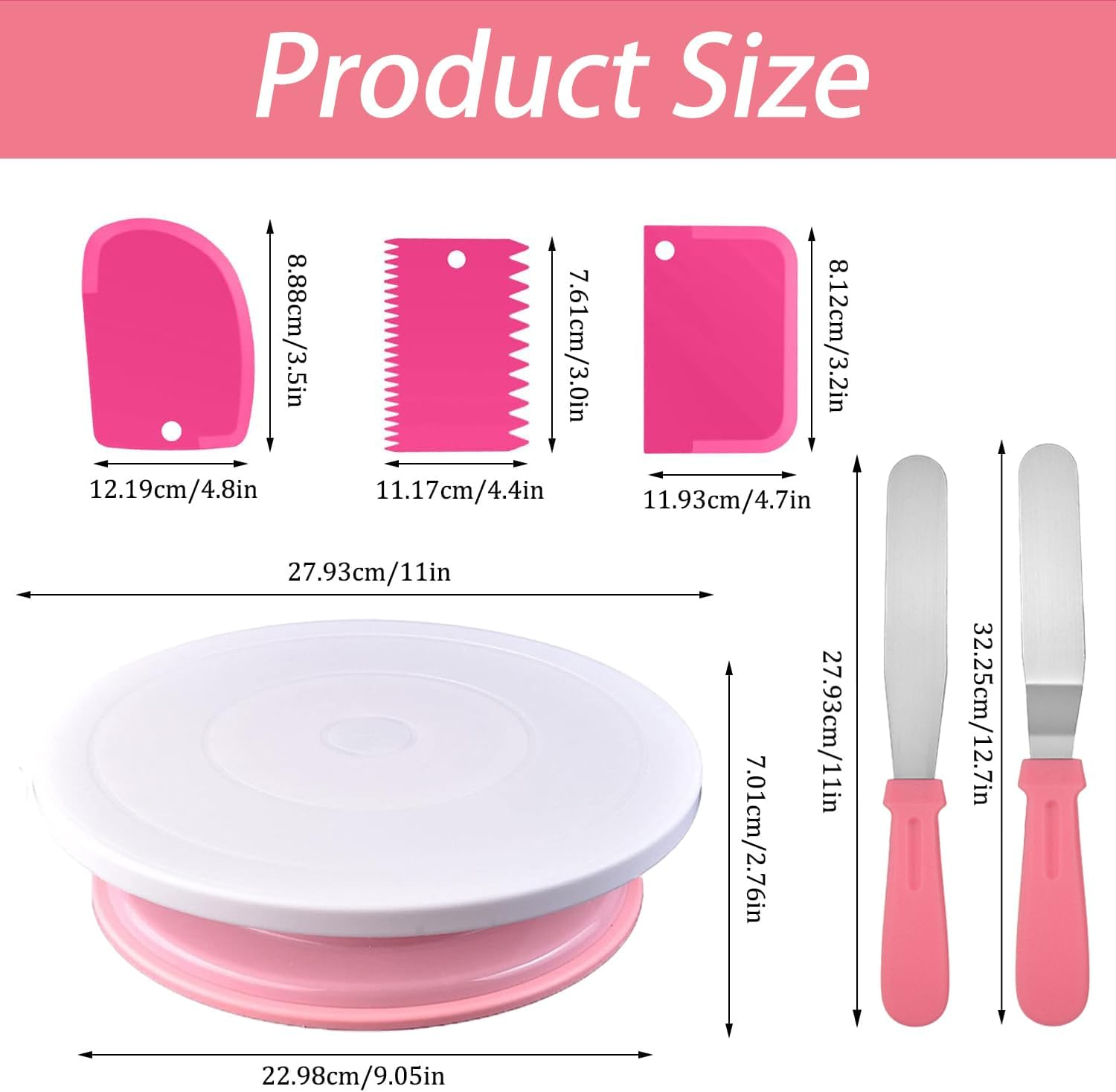 Cake Decorating Kit, 35PCS Cake Decorating Supplies, 11-Inch Rotating Cake Turntable, 7 Piping Tips, 2 Icing Spatulas & 3 Scrapers (Pink) image number 4