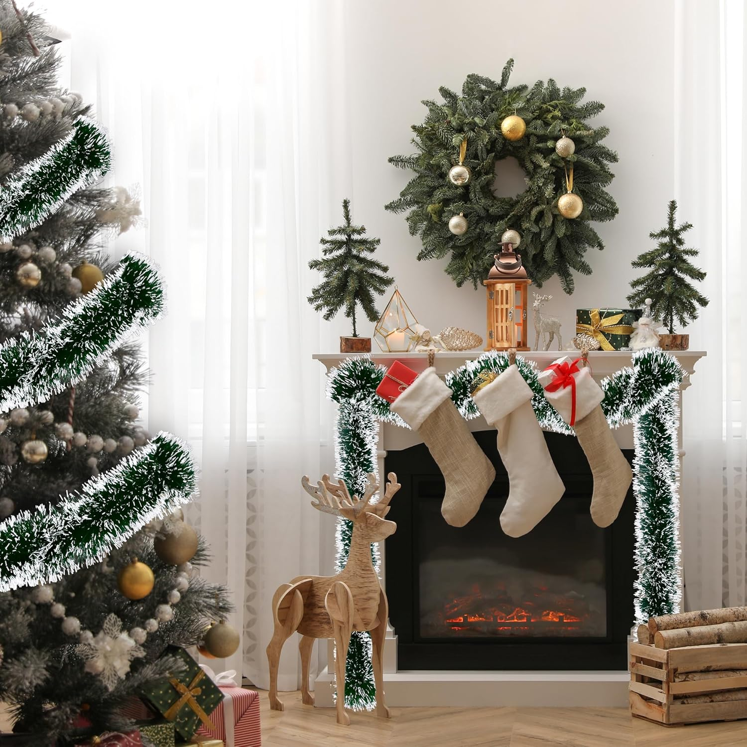 Sggvecsy 49.2Ft Christmas Green and White Tinsel Garland Xmas Tree Decorations Christmas Metallic Twist Garland Ceiling Hanging Decorations for New Year Party Birthday Holiday Indoor Outdoor Supplies image number 2