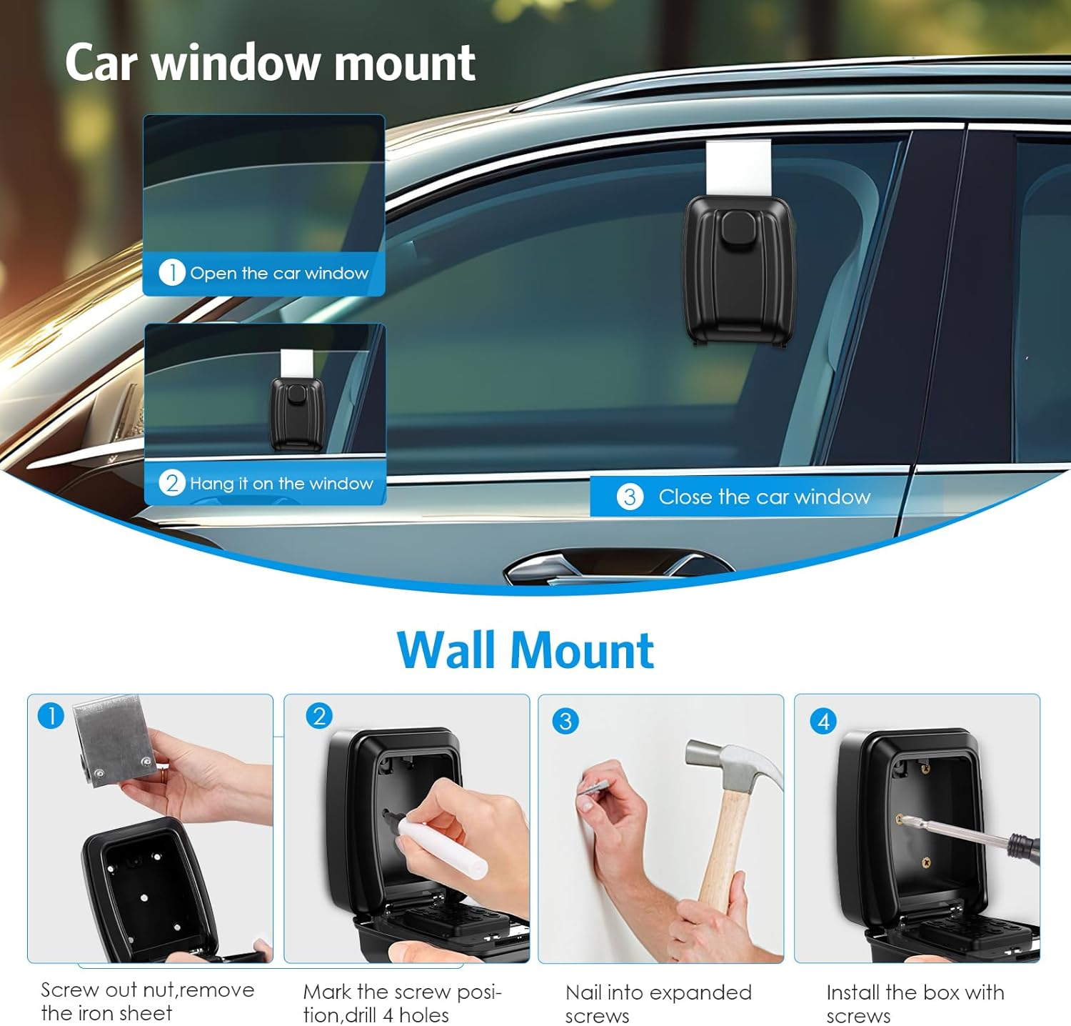 AMIR Car Window Lock Box, Portable Key Storage Lockbox Outdoor, Key Safe Wall Mounted with Resettable 12 Digit Code, Weatherproof, 2 Installation Methods, Key Lock for Car Rental,Home,Office-Black image number 4